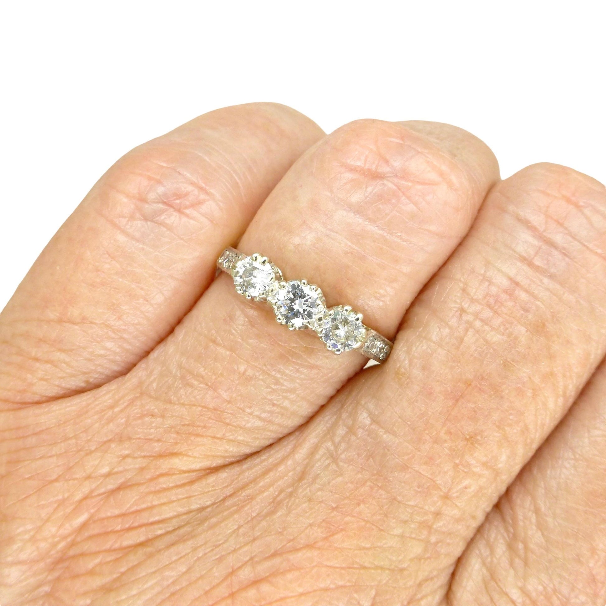 Vintage 18ct natural diamond three stone trilogy ring 0.60ct ~ c1950's