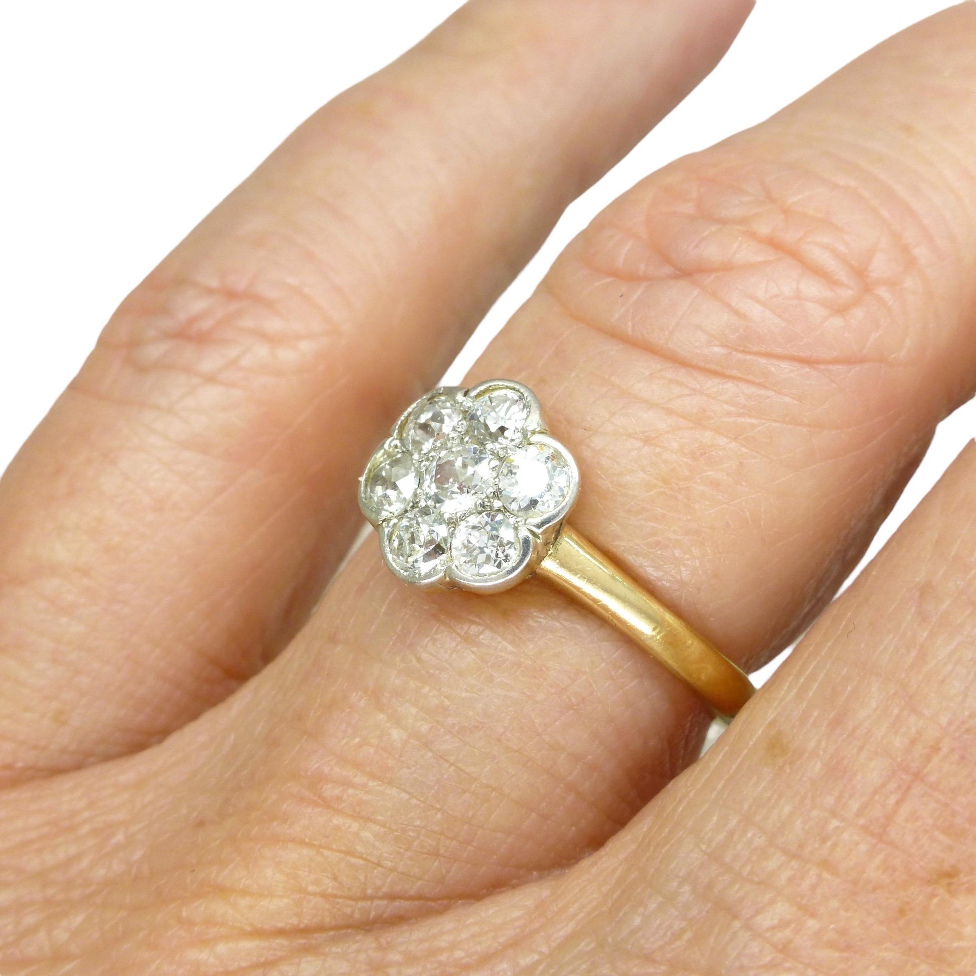 Antique Edwardian 18ct platinum old mine cut diamond daisy ring c1900-1910's
