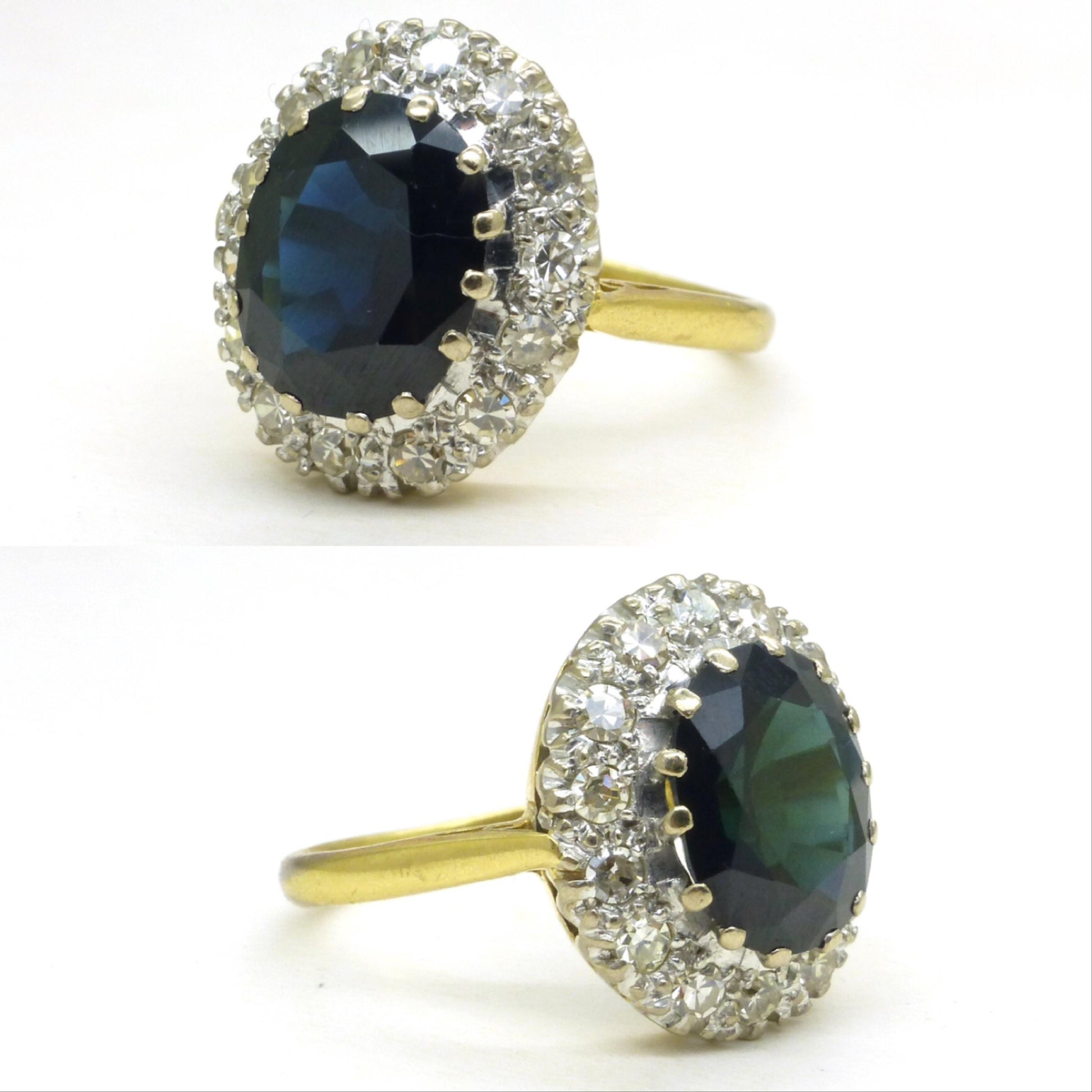 Vintage 3.15ct sapphire and diamond 18ct gold oval cluster ring ~ Princess of Wales ring