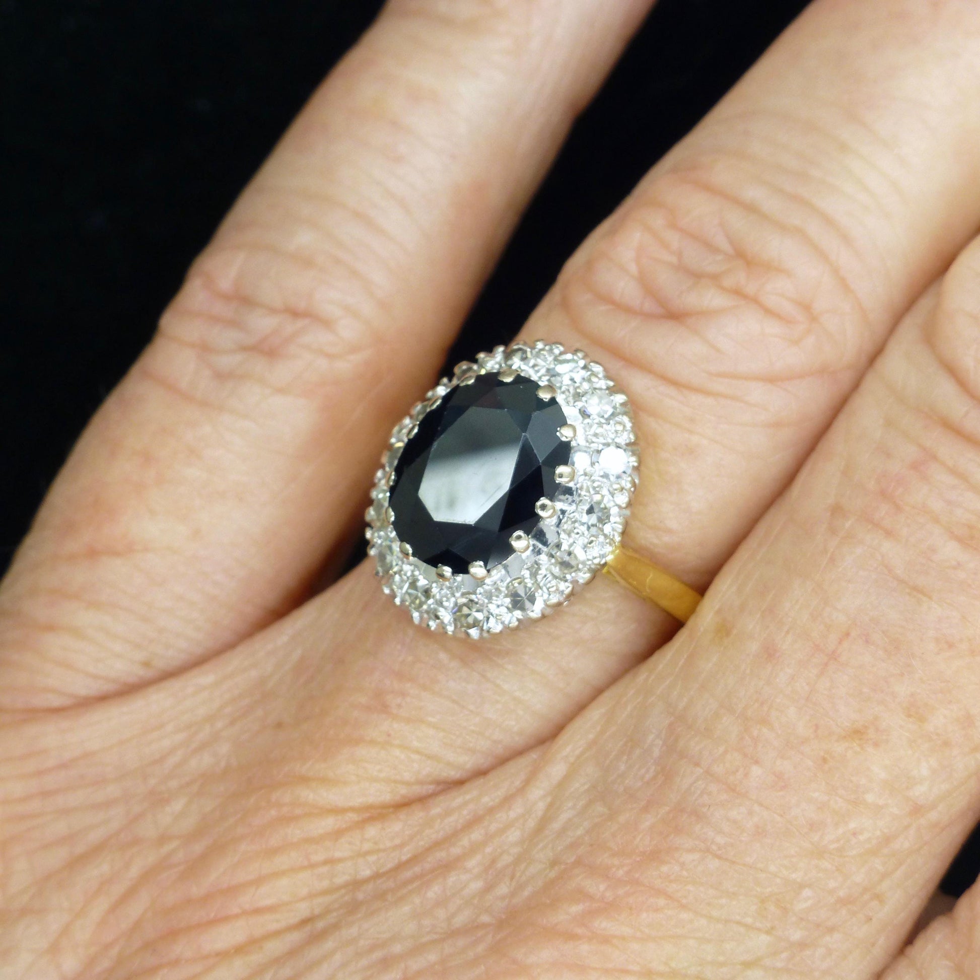 Vintage 3.15ct sapphire and diamond 18ct gold oval cluster ring ~ Princess of Wales ring