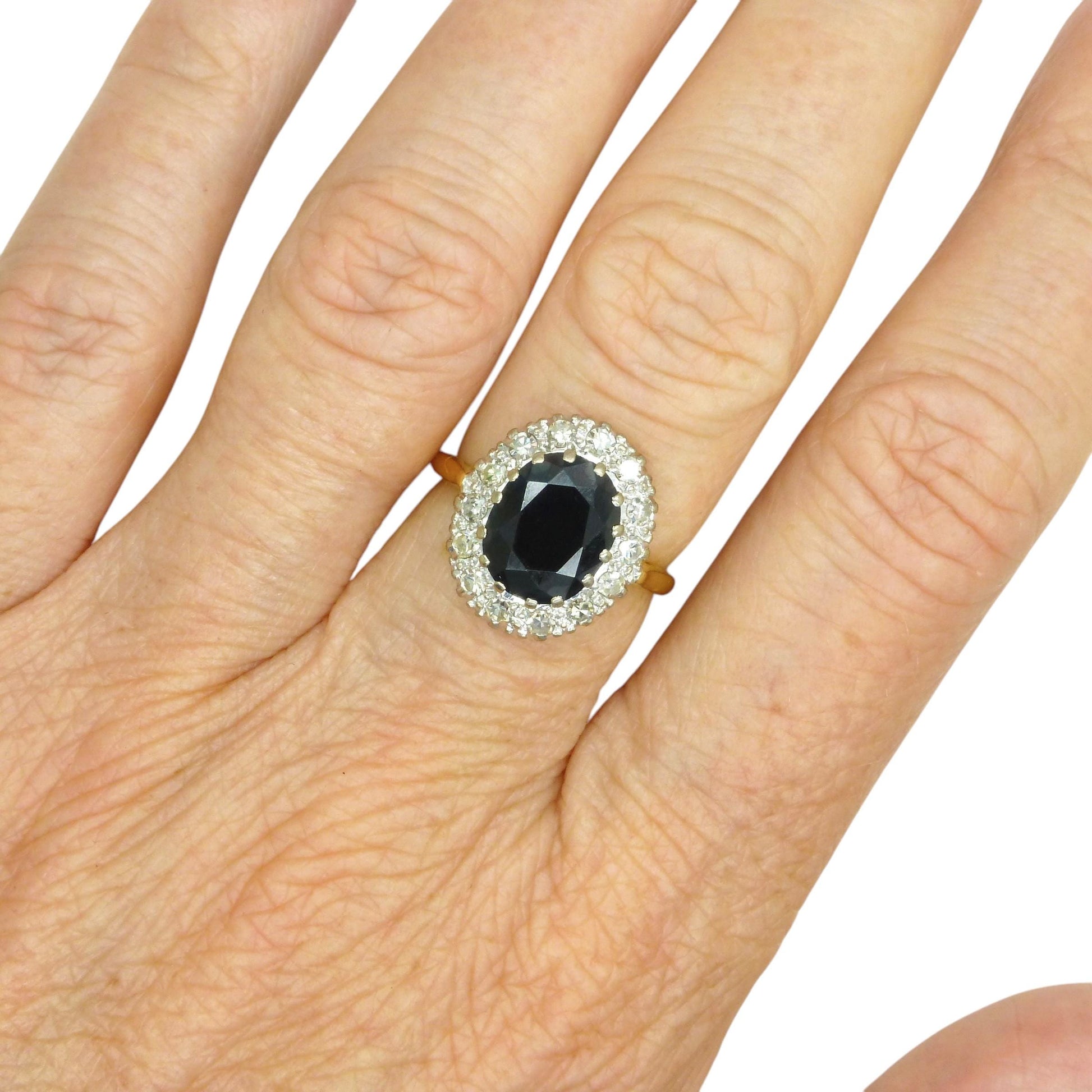 Vintage 3.15ct sapphire and diamond 18ct gold oval cluster ring ~ Princess of Wales ring