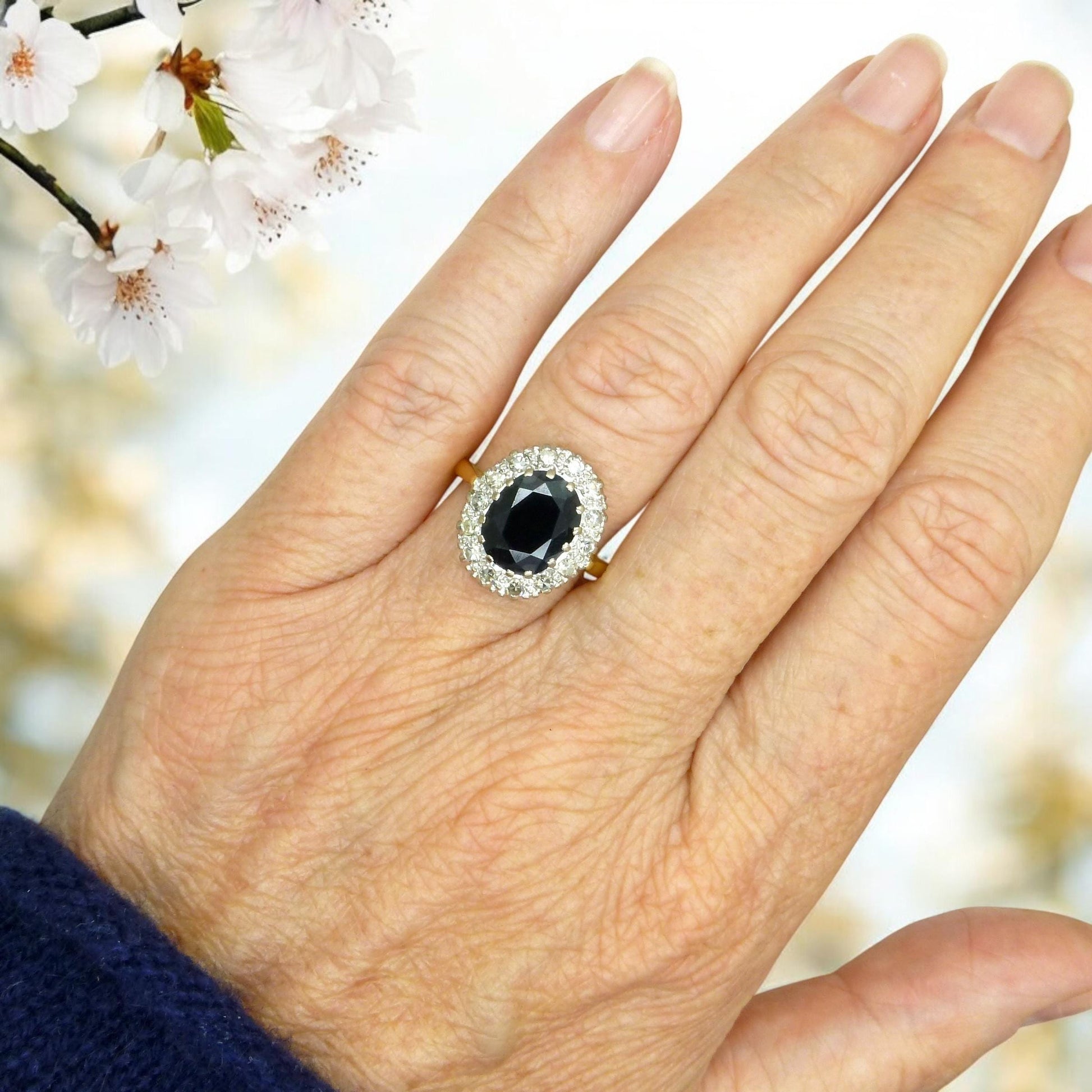 Vintage 3.15ct sapphire and diamond 18ct gold oval cluster ring ~ Princess of Wales ring