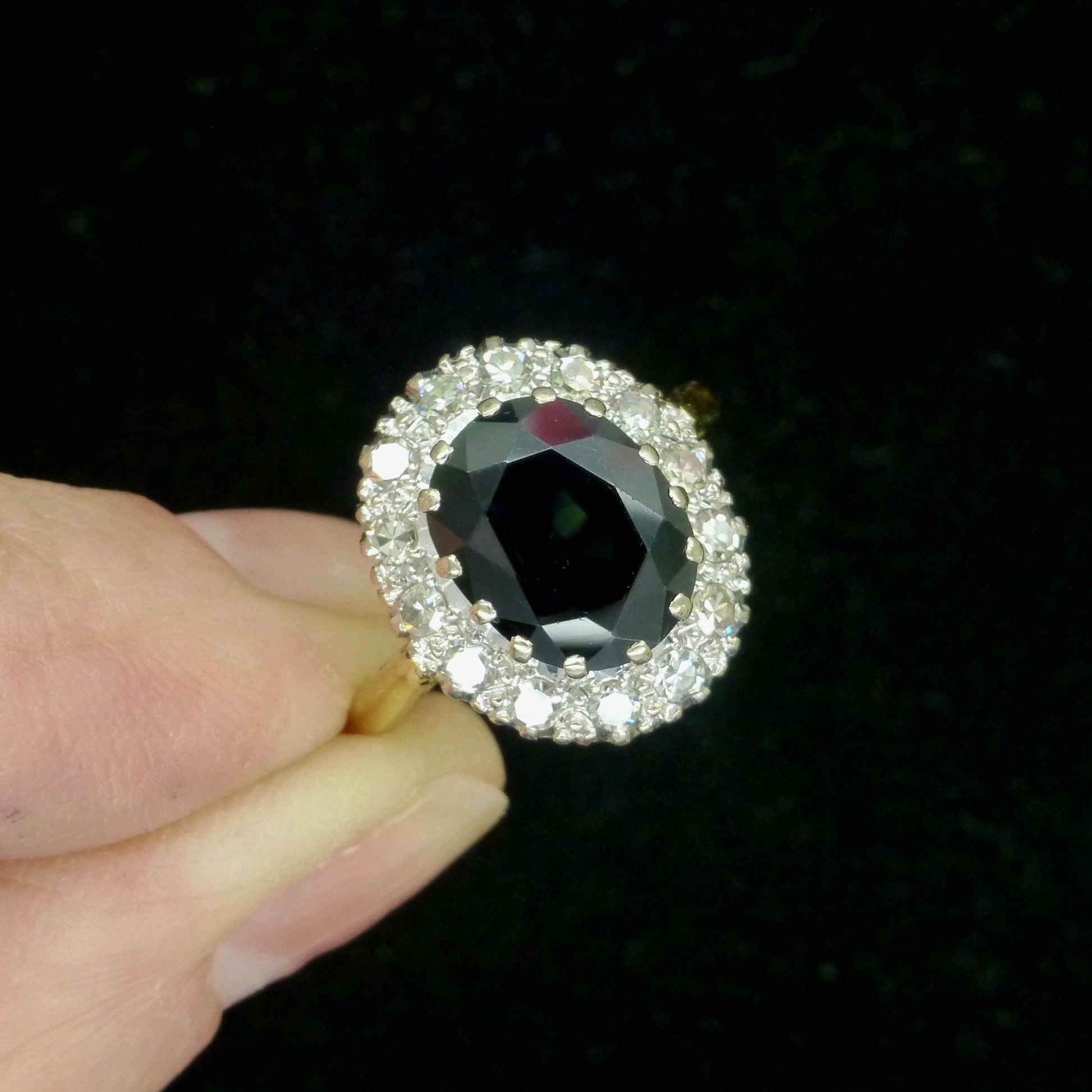 Vintage 3.15ct sapphire and diamond 18ct gold oval cluster ring ~ Princess of Wales ring