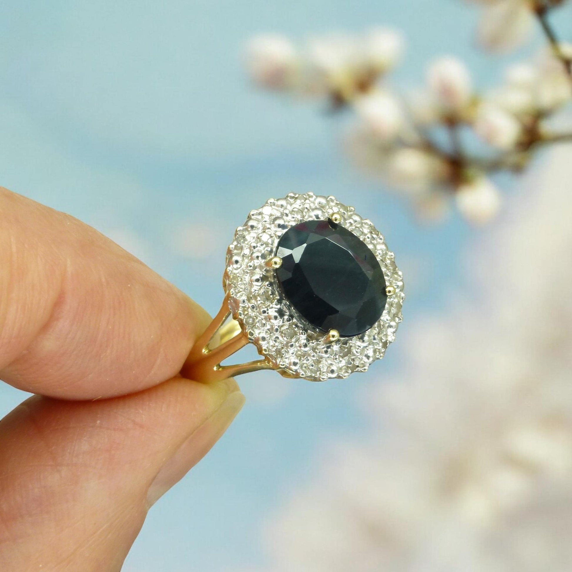 Vintage 9ct gold 3.15ct sapphire and diamond oval cluster ring ~ Princess of Wales ring 1990's