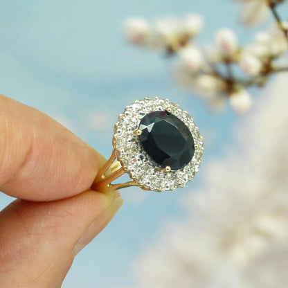 Vintage 9ct gold 3.15ct sapphire and diamond oval cluster ring ~ Princess of Wales ring 1990's