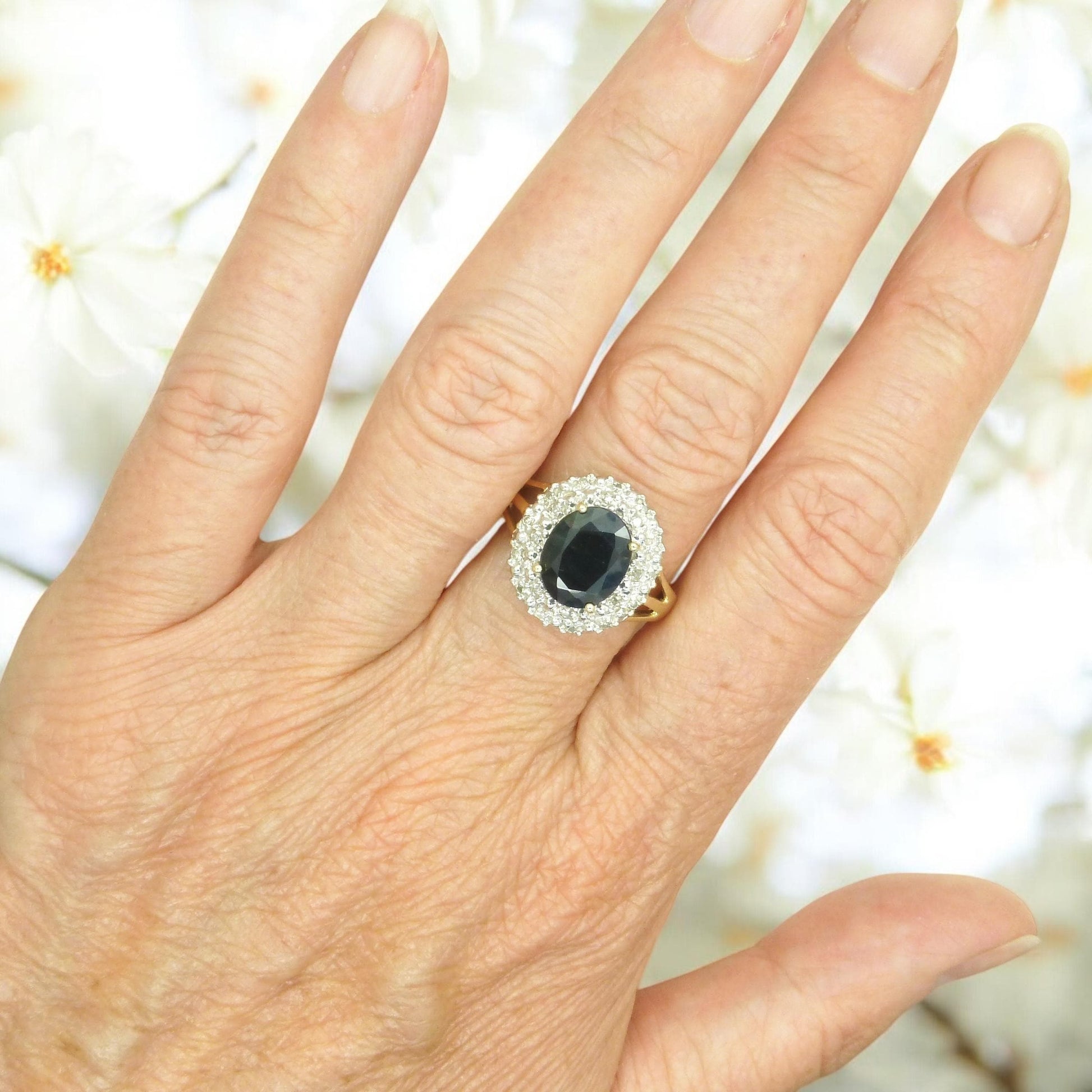 Vintage 9ct gold 3.15ct sapphire and diamond oval cluster ring ~ Princess of Wales ring 1990's