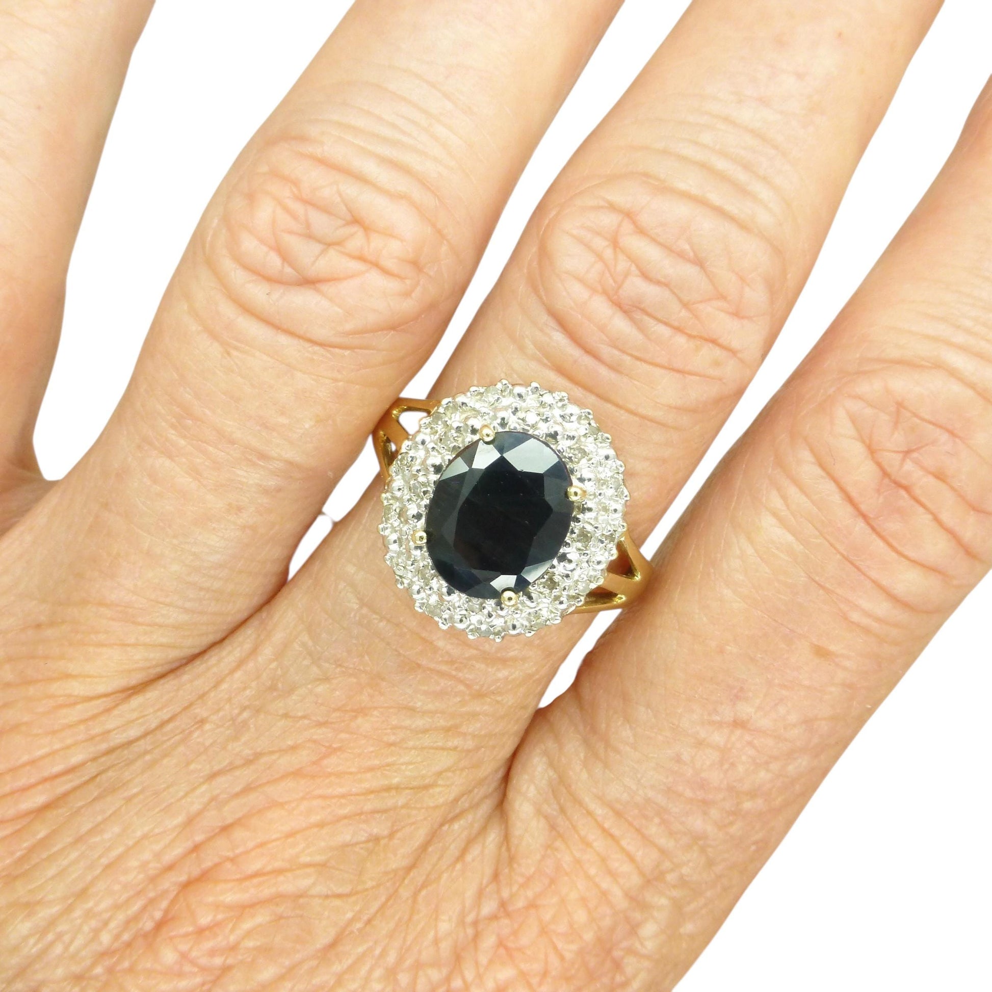 Vintage 9ct gold 3.15ct sapphire and diamond oval cluster ring ~ Princess of Wales ring 1990's