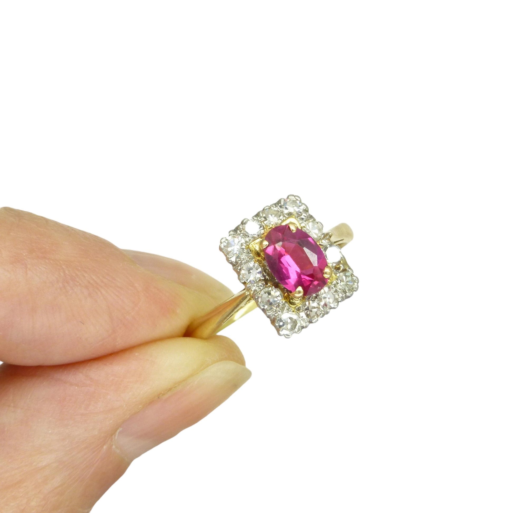 Vintage verneuil ruby & diamond cluster ring ~ 18ct Platinum