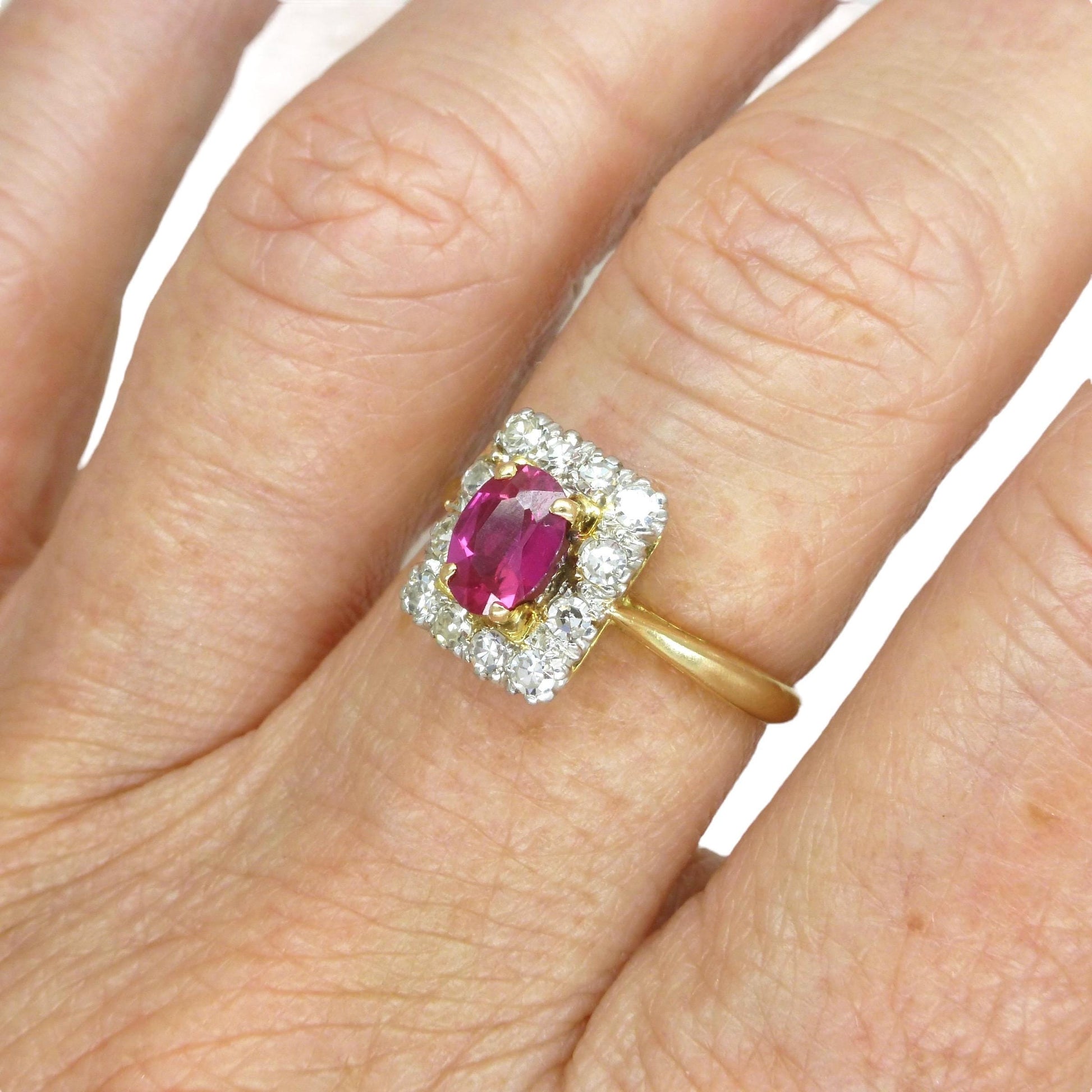 Vintage verneuil ruby & diamond cluster ring ~ 18ct Platinum