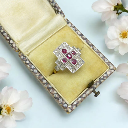 Antique Art Deco 18ct Platinum Ruby & natural diamond panel ring ~ Rectangle plaque ring
