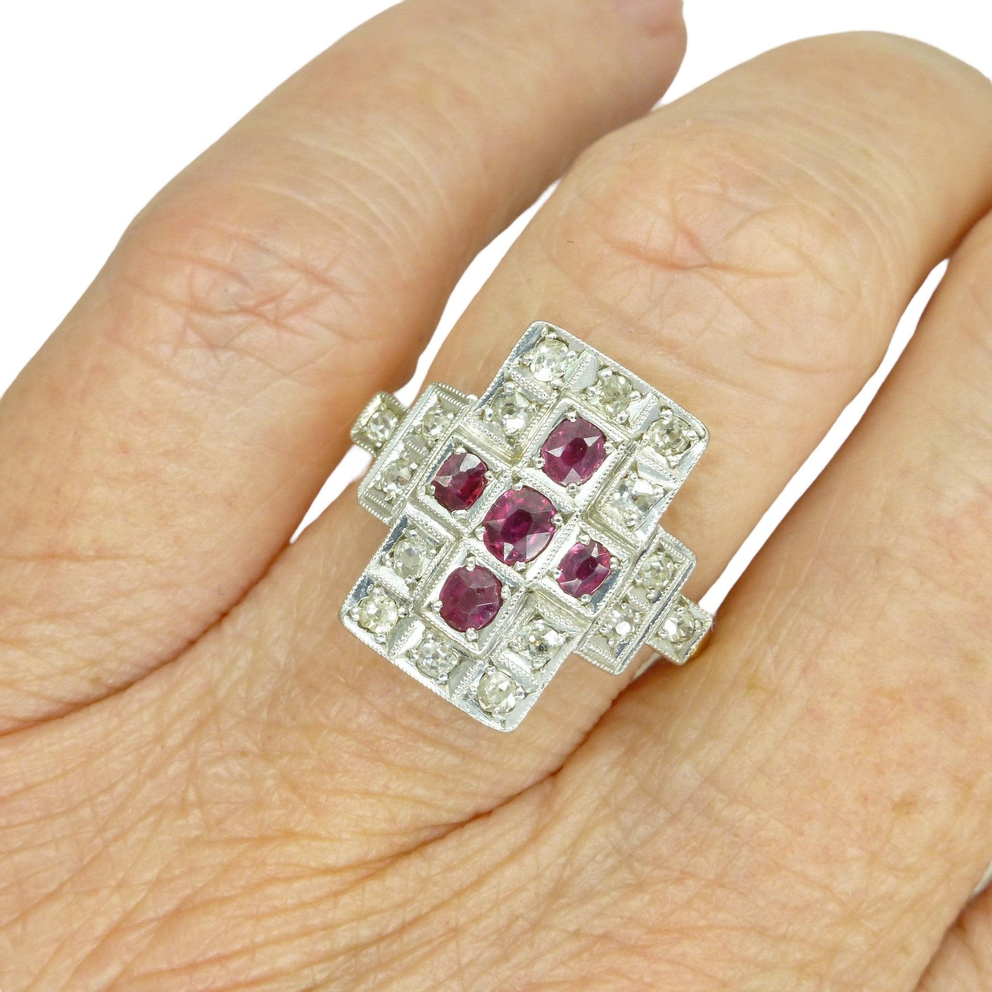 Antique Art Deco 18ct Platinum Ruby & natural diamond panel ring ~ Rectangle plaque ring