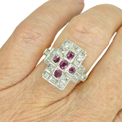 Antique Art Deco 18ct Platinum Ruby & natural diamond panel ring ~ Rectangle plaque ring