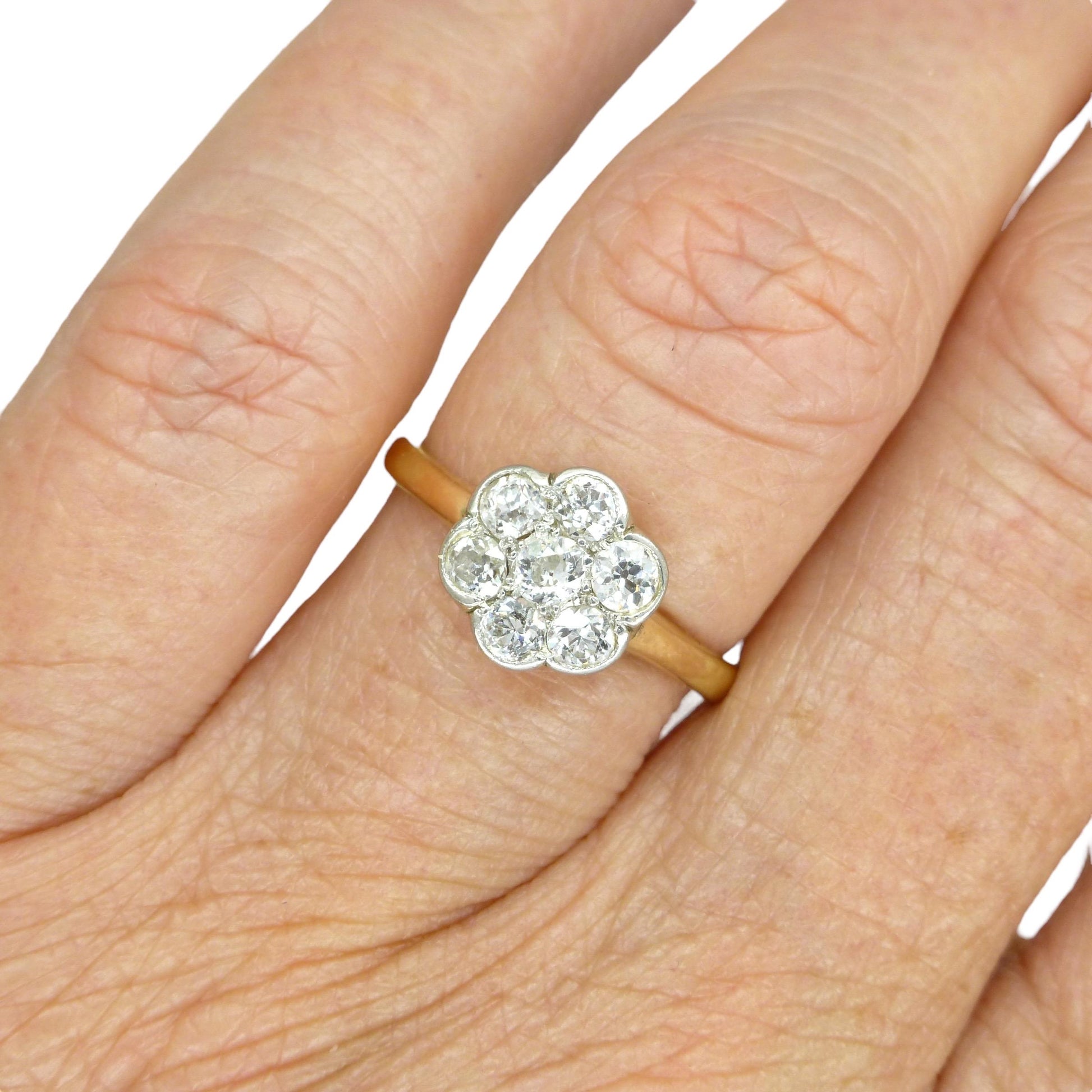 Antique Edwardian 18ct platinum old mine cut diamond daisy ring c1900-1910's