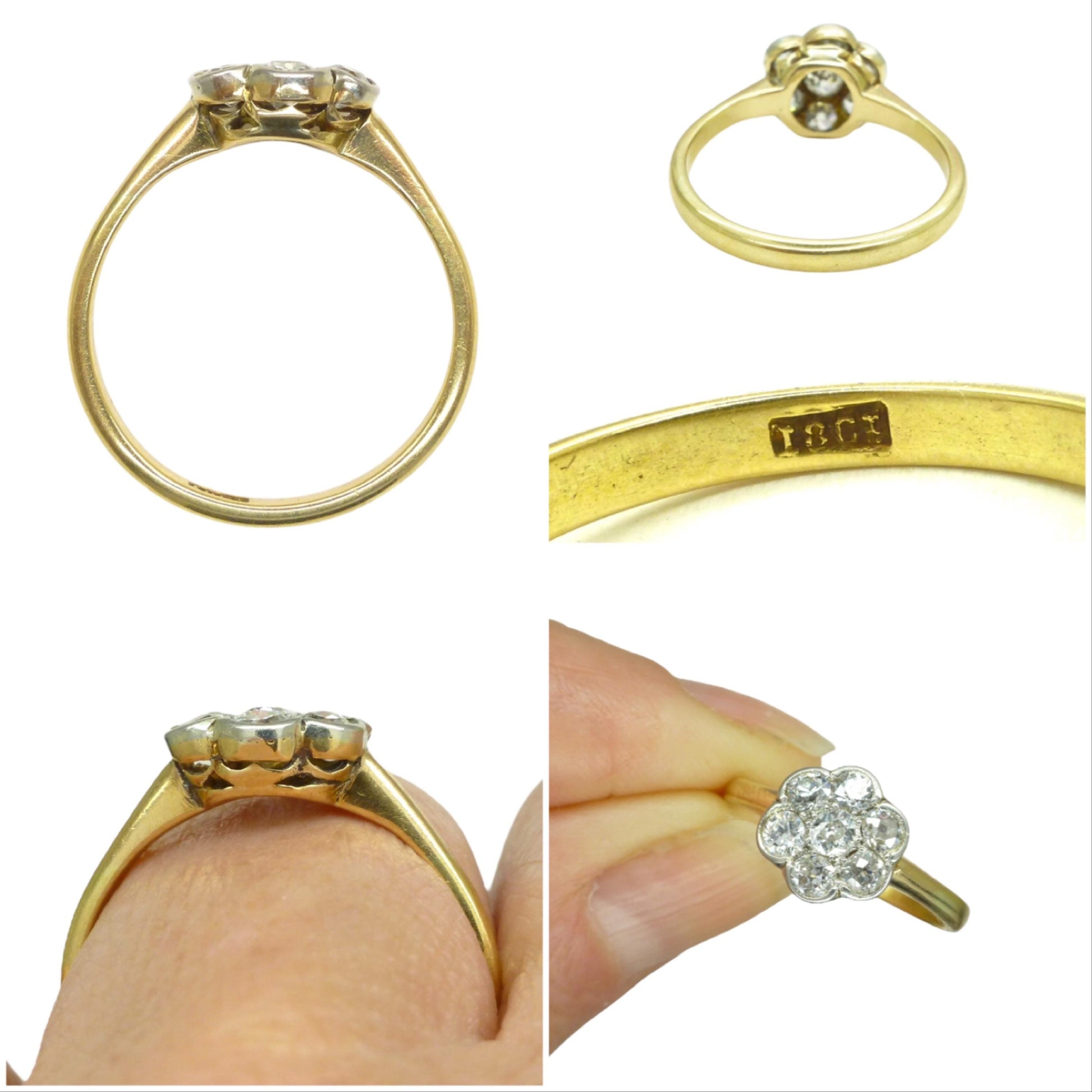 Antique Edwardian 18ct platinum old mine cut diamond daisy ring c1900-1910's