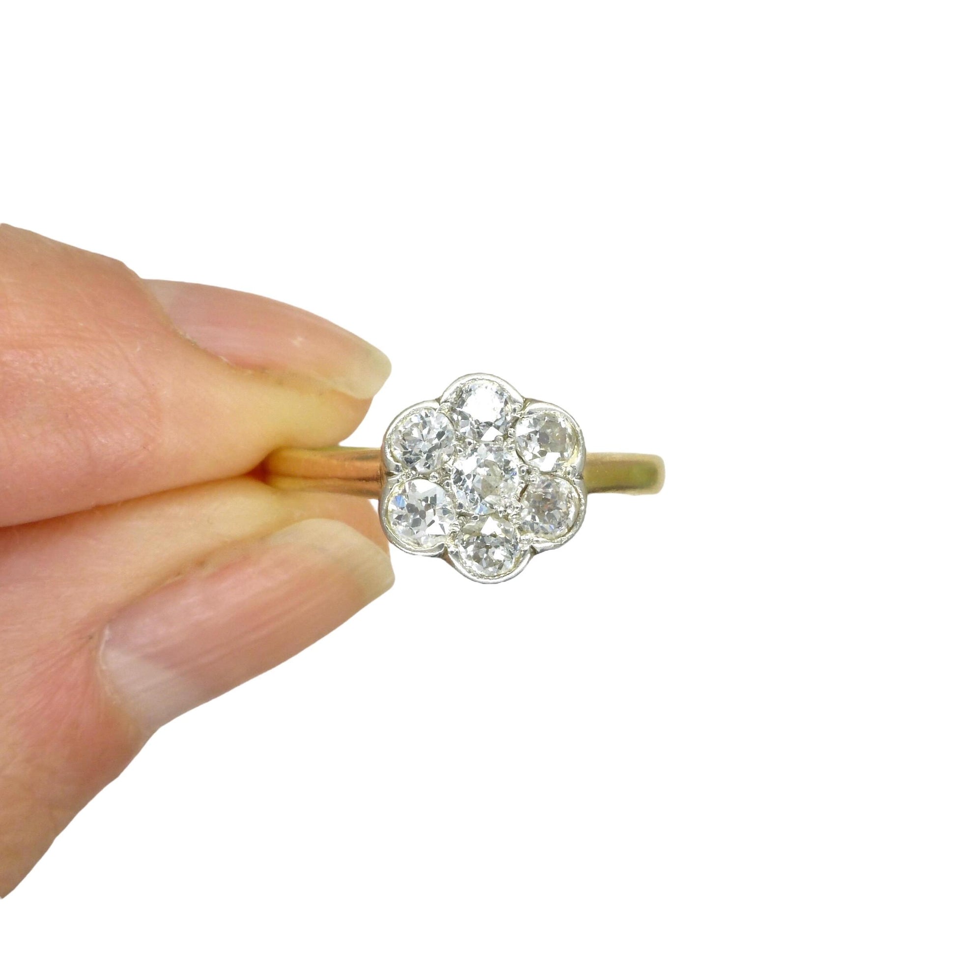 Antique Edwardian 18ct platinum old mine cut diamond daisy ring c1900-1910's
