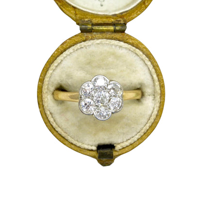 Antique Edwardian 18ct platinum old mine cut diamond daisy ring c1900-1910's