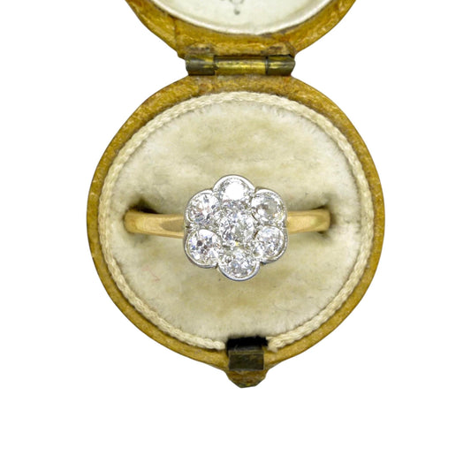 Antique Edwardian 18ct platinum old mine cut diamond daisy ring c1900-1910's