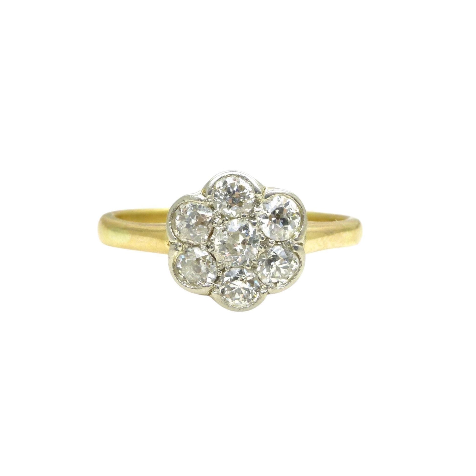 Antique Edwardian 18ct platinum old mine cut diamond daisy ring c1900-1910's