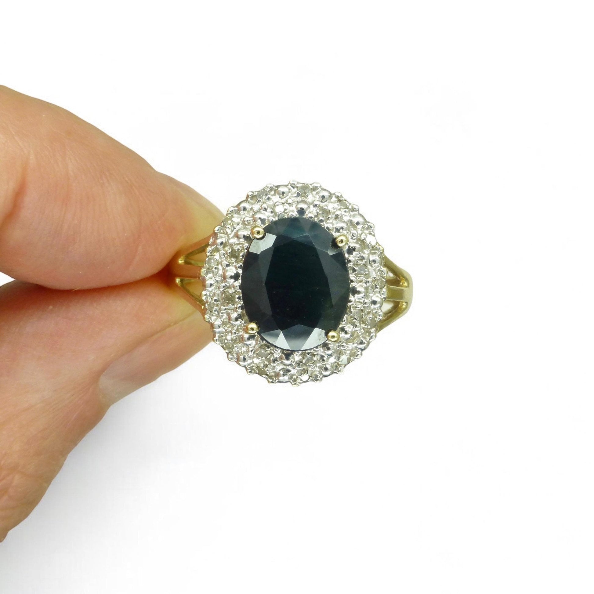 Vintage 9ct gold 3.15ct sapphire and diamond oval cluster ring ~ Princess of Wales ring 1990's