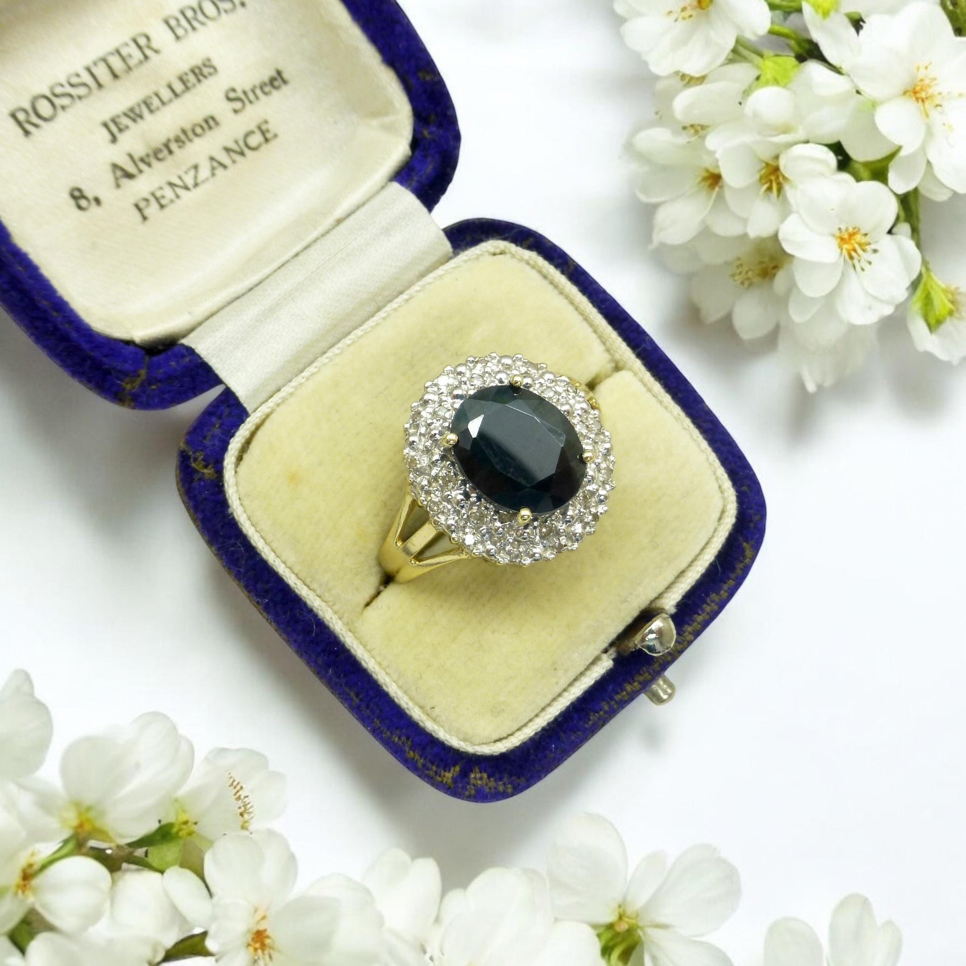 Vintage 9ct gold 3.15ct sapphire and diamond oval cluster ring ~ Princess of Wales ring 1990's