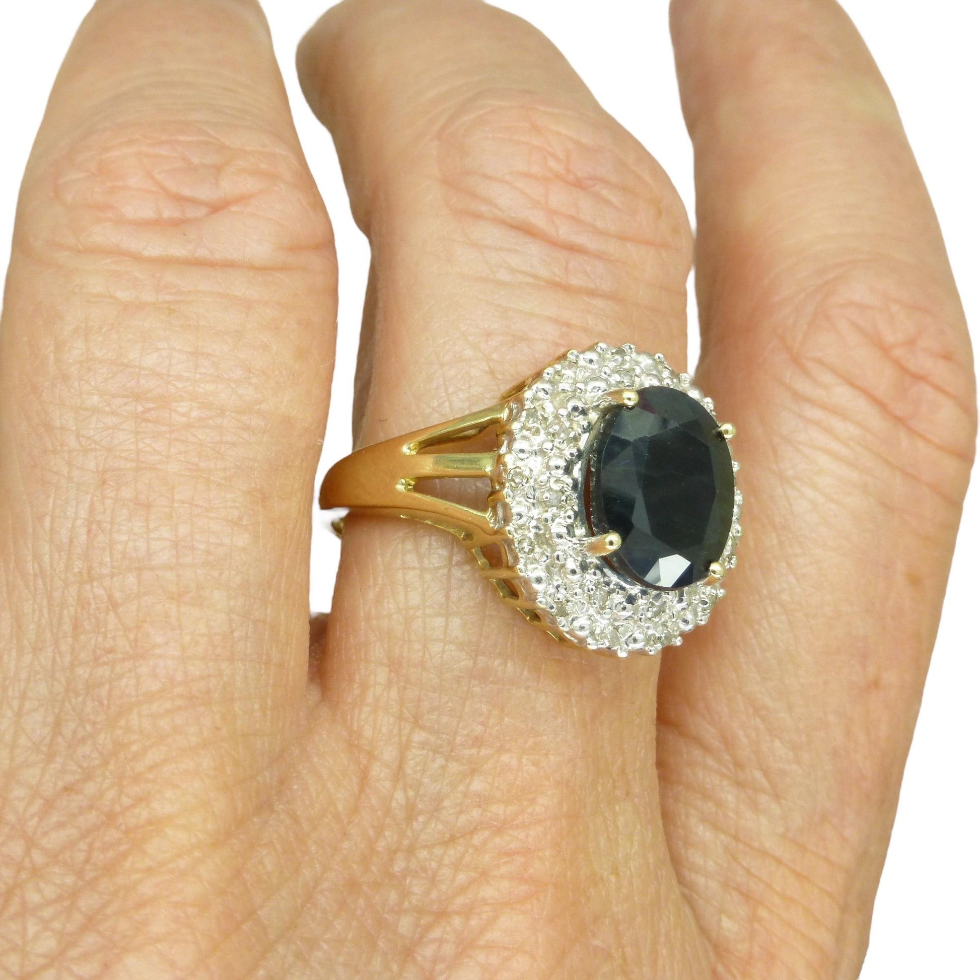 Vintage 9ct gold 3.15ct sapphire and diamond oval cluster ring ~ Princess of Wales ring 1990's
