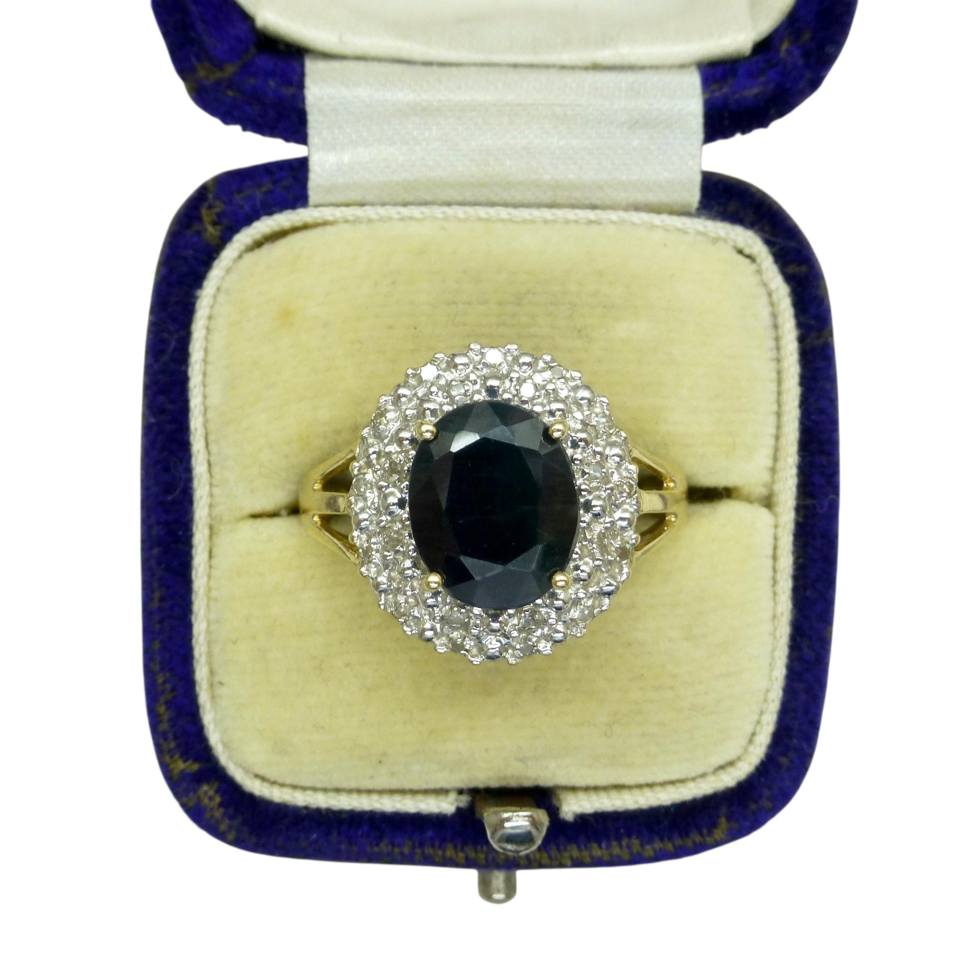 Vintage 9ct gold 3.15ct sapphire and diamond oval cluster ring ~ Princess of Wales ring 1990's