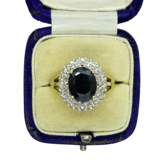 Vintage 9ct gold 3.15ct sapphire and diamond oval cluster ring ~ Princess of Wales ring 1990's