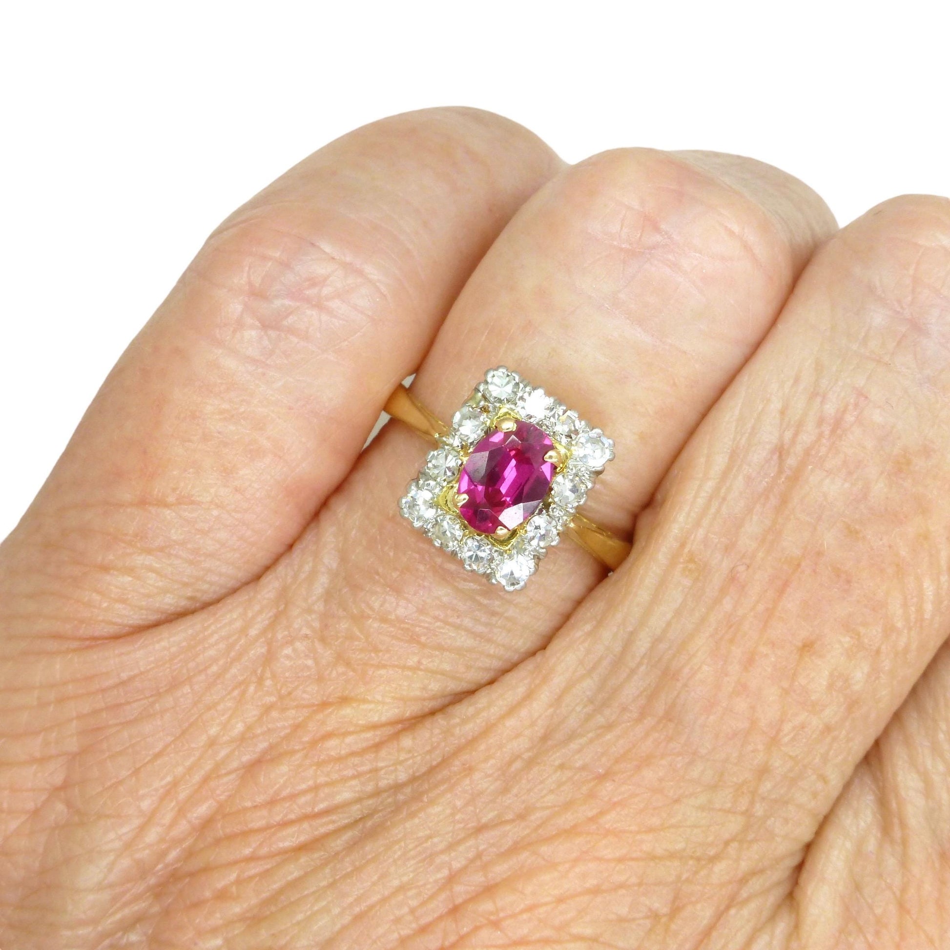 Vintage verneuil ruby & diamond cluster ring ~ 18ct Platinum