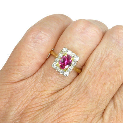 Vintage verneuil ruby & diamond cluster ring ~ 18ct Platinum