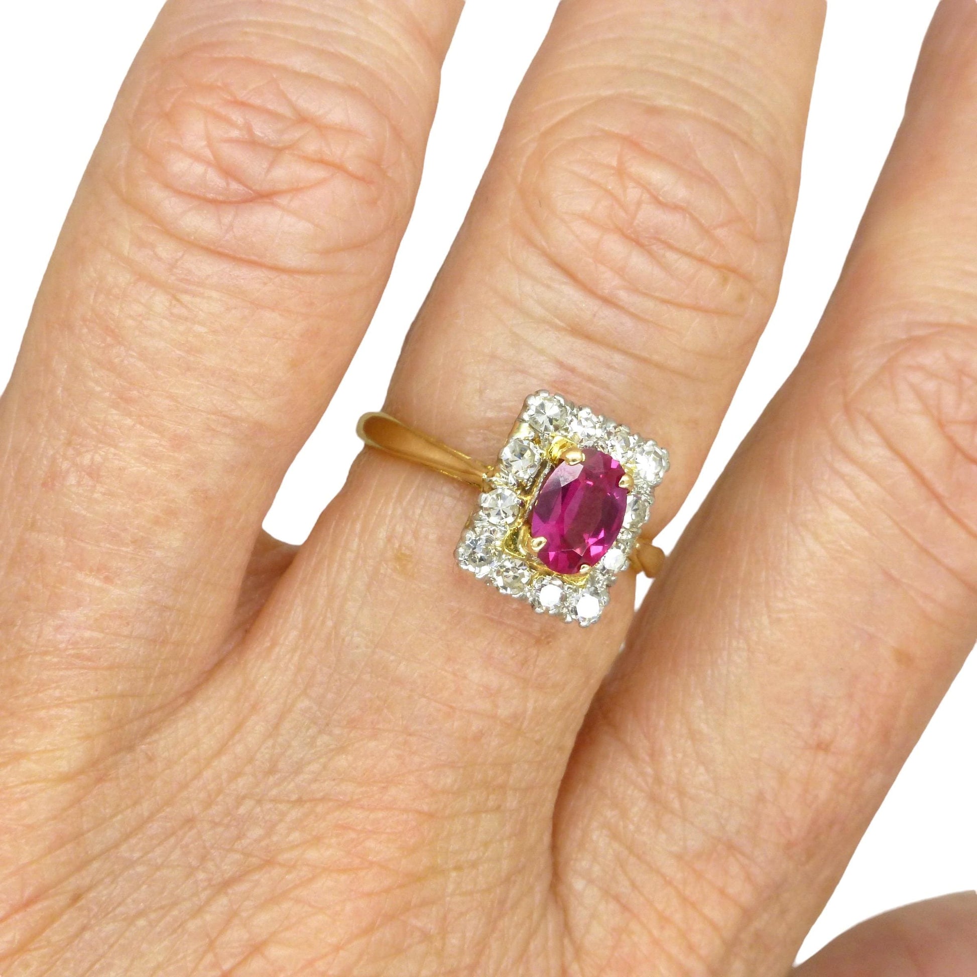 Vintage verneuil ruby & diamond cluster ring ~ 18ct Platinum