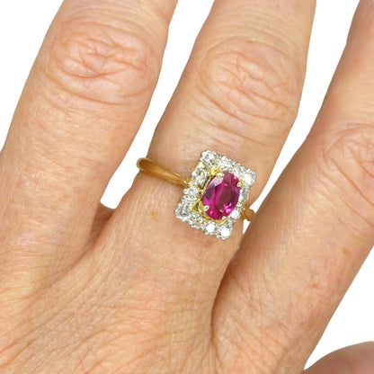 Vintage verneuil ruby & diamond cluster ring ~ 18ct Platinum