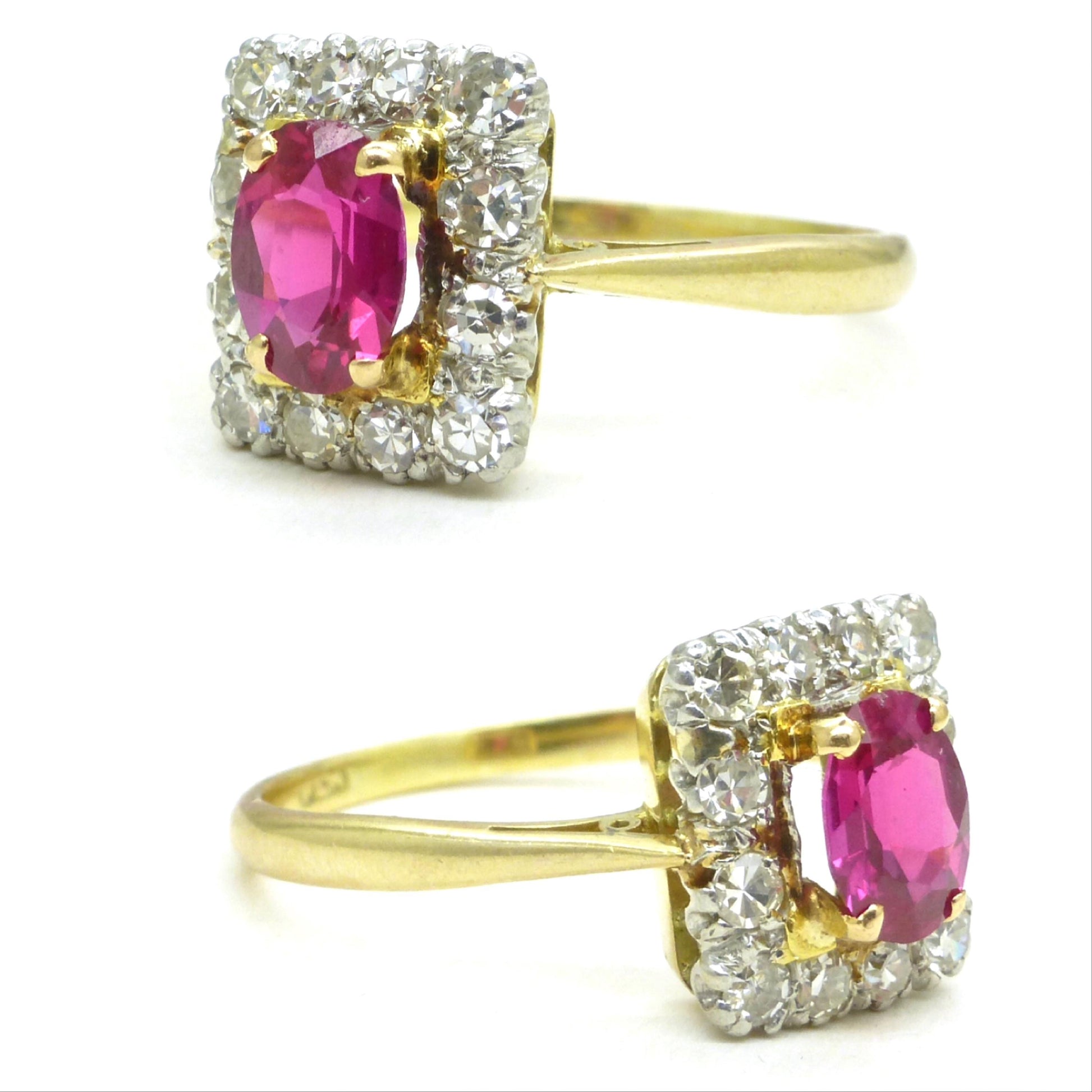 Vintage verneuil ruby & diamond cluster ring ~ 18ct Platinum