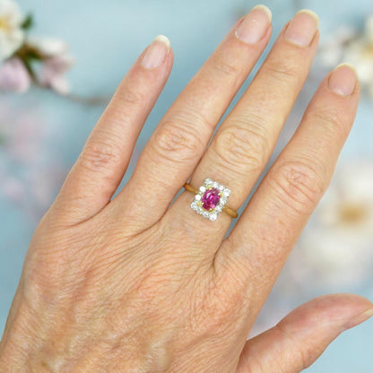 Vintage verneuil ruby & diamond cluster ring ~ 18ct Platinum