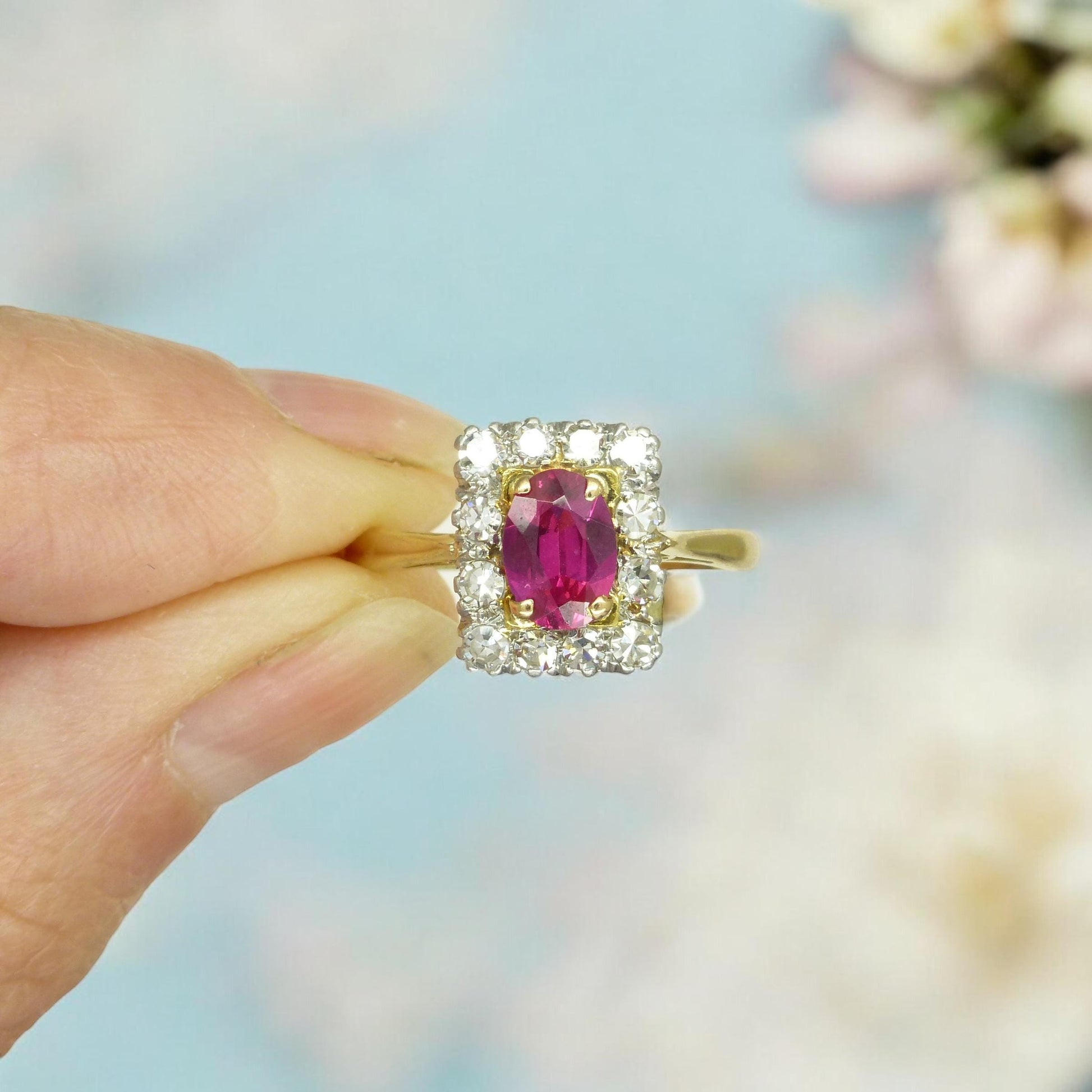 Vintage verneuil ruby & diamond cluster ring ~ 18ct Platinum