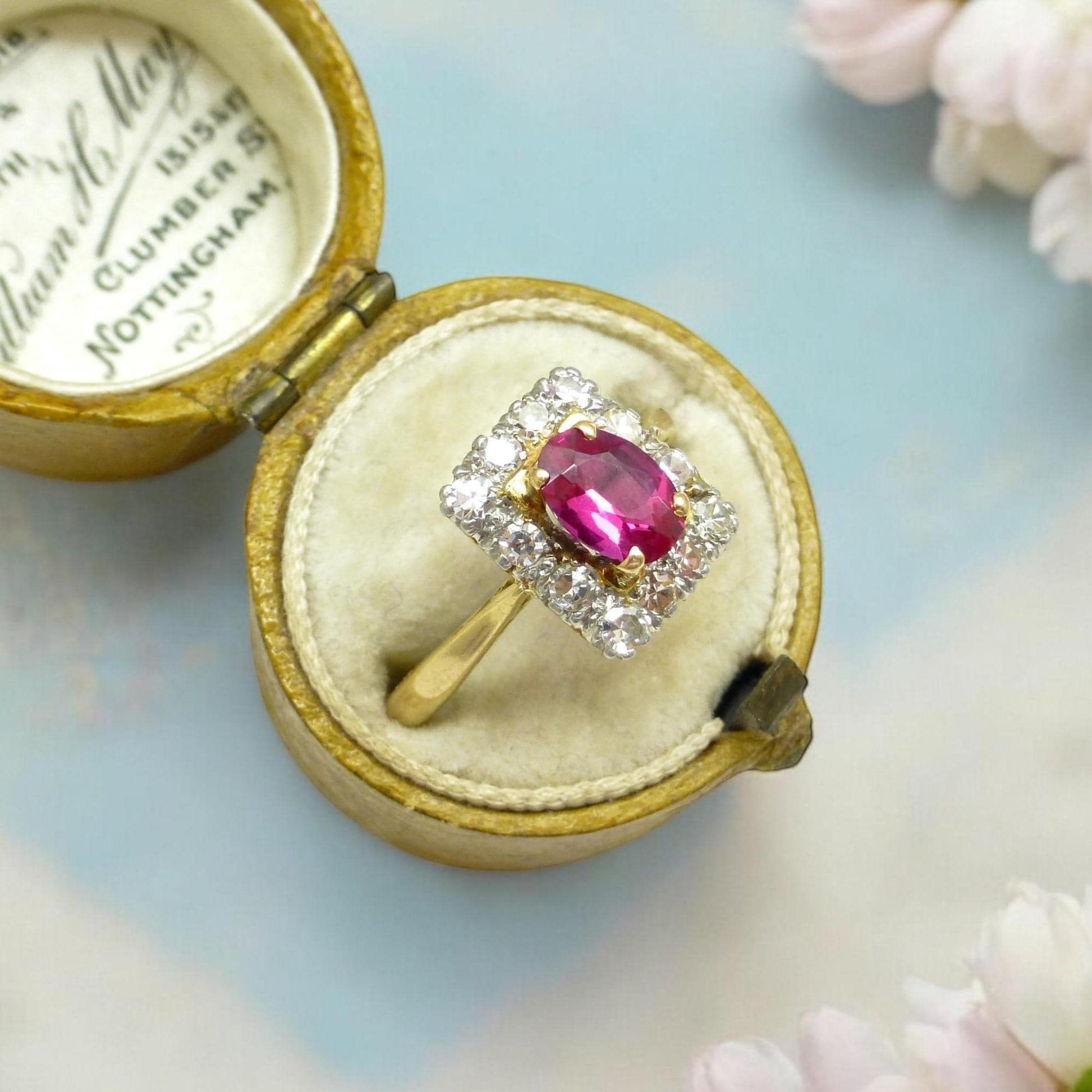 Vintage verneuil ruby & diamond cluster ring ~ 18ct Platinum