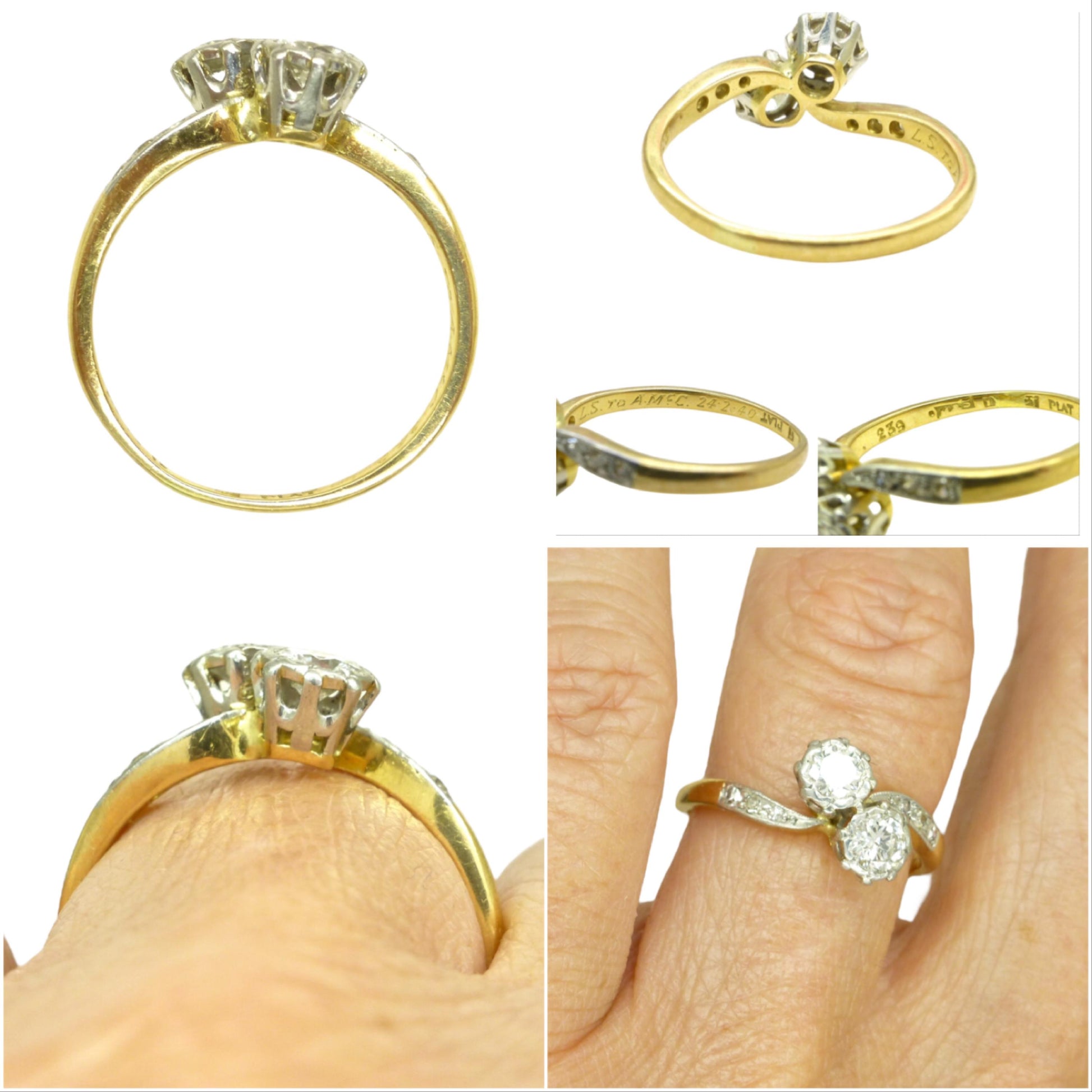 Vintage 18ct Platinum natural diamond Toi et Moi ring 0.50ct c1940