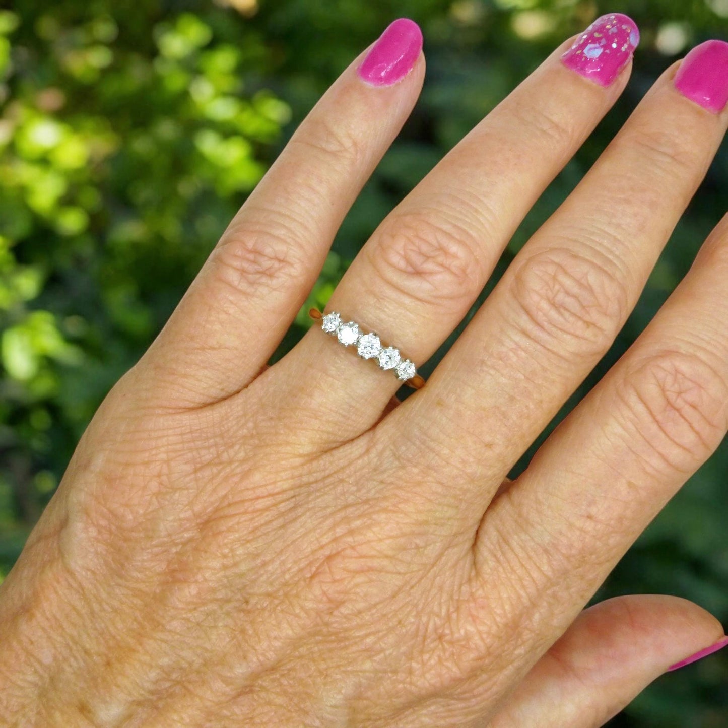 Antique Edwardian 18ct Platinum natural diamond five stone ring dated 1912