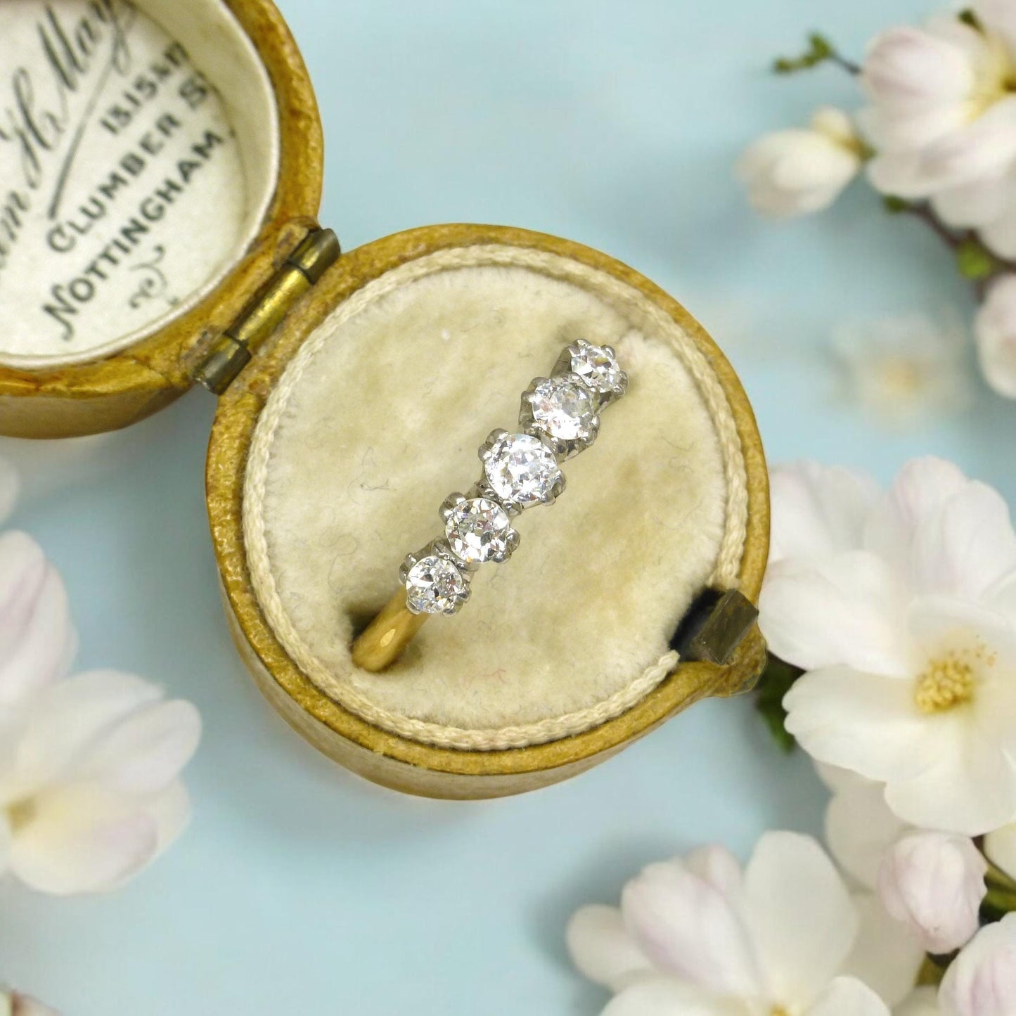 Antique Edwardian 18ct Platinum natural diamond five stone ring dated 1912