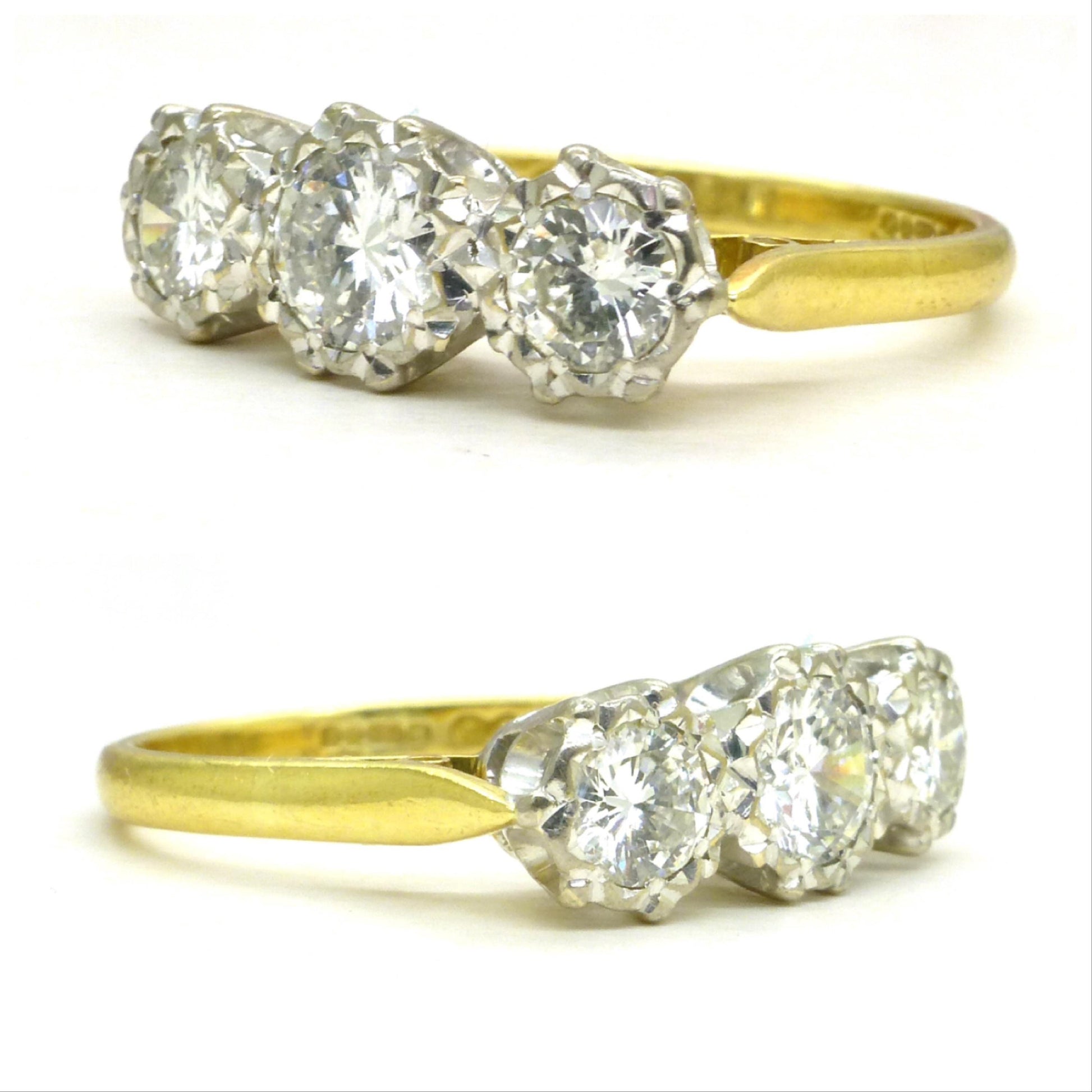Vintage 18ct natural diamond three stone trilogy ring 0.83ct. Dated 1975 + Independent valuation