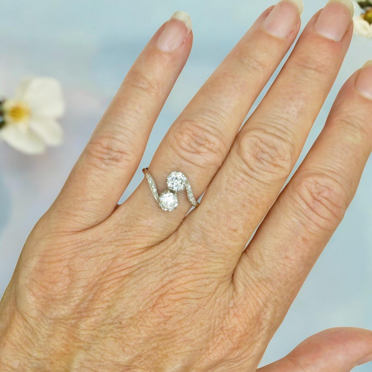 Antique old cut natural diamond Toi et Moi ring 0.86ct Platinum & white gold + Independent Valuation