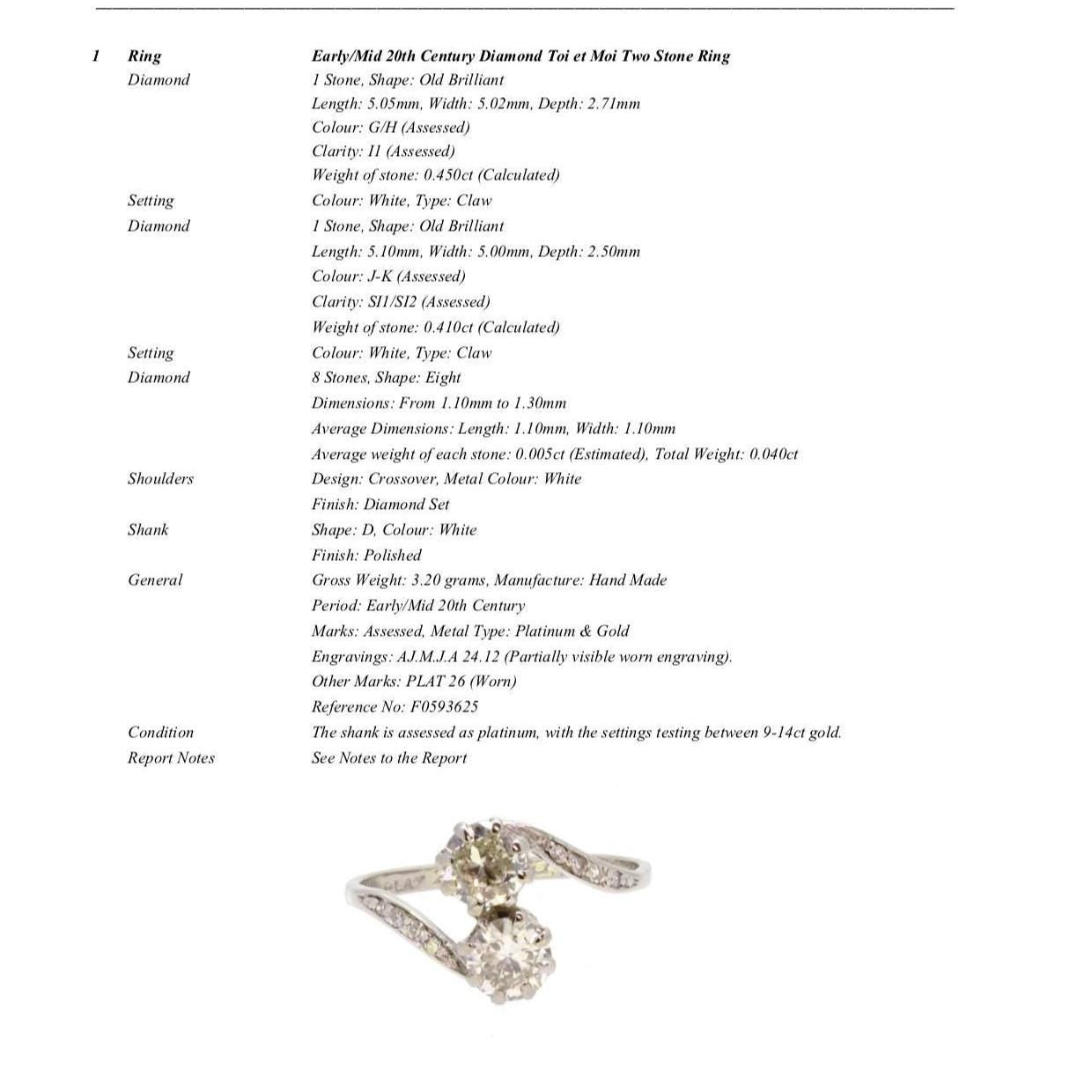 Antique old cut natural diamond Toi et Moi ring 0.86ct Platinum & white gold + Independent Valuation