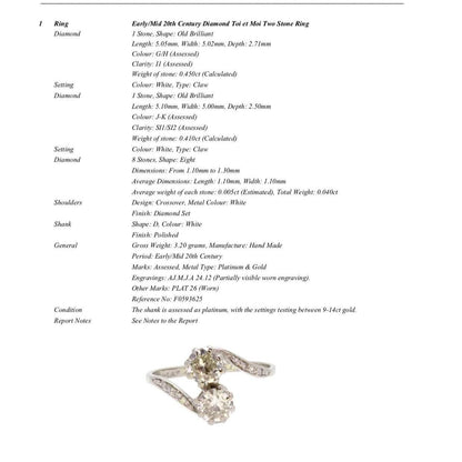 Antique old cut natural diamond Toi et Moi ring 0.86ct Platinum & white gold + Independent Valuation