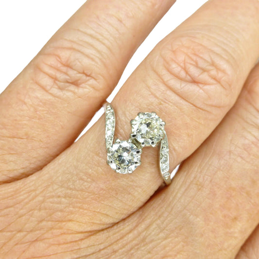 Antique old cut natural diamond Toi et Moi ring 0.86ct Platinum & white gold + Independent Valuation