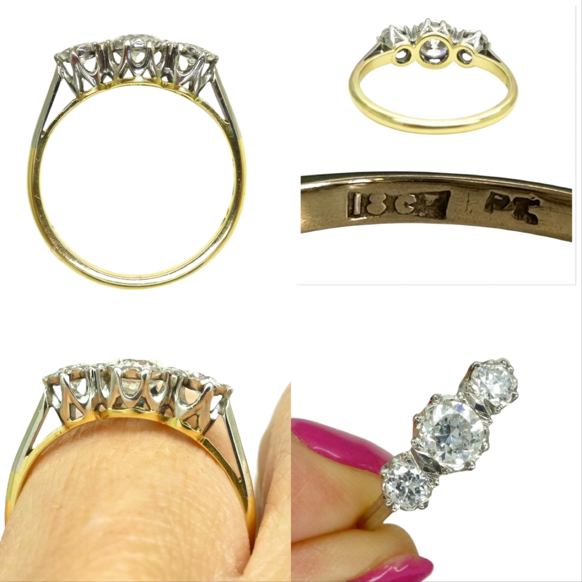 Antique 18ct Platinum transitional cut diamond three stone trilogy ring 0.80ct.