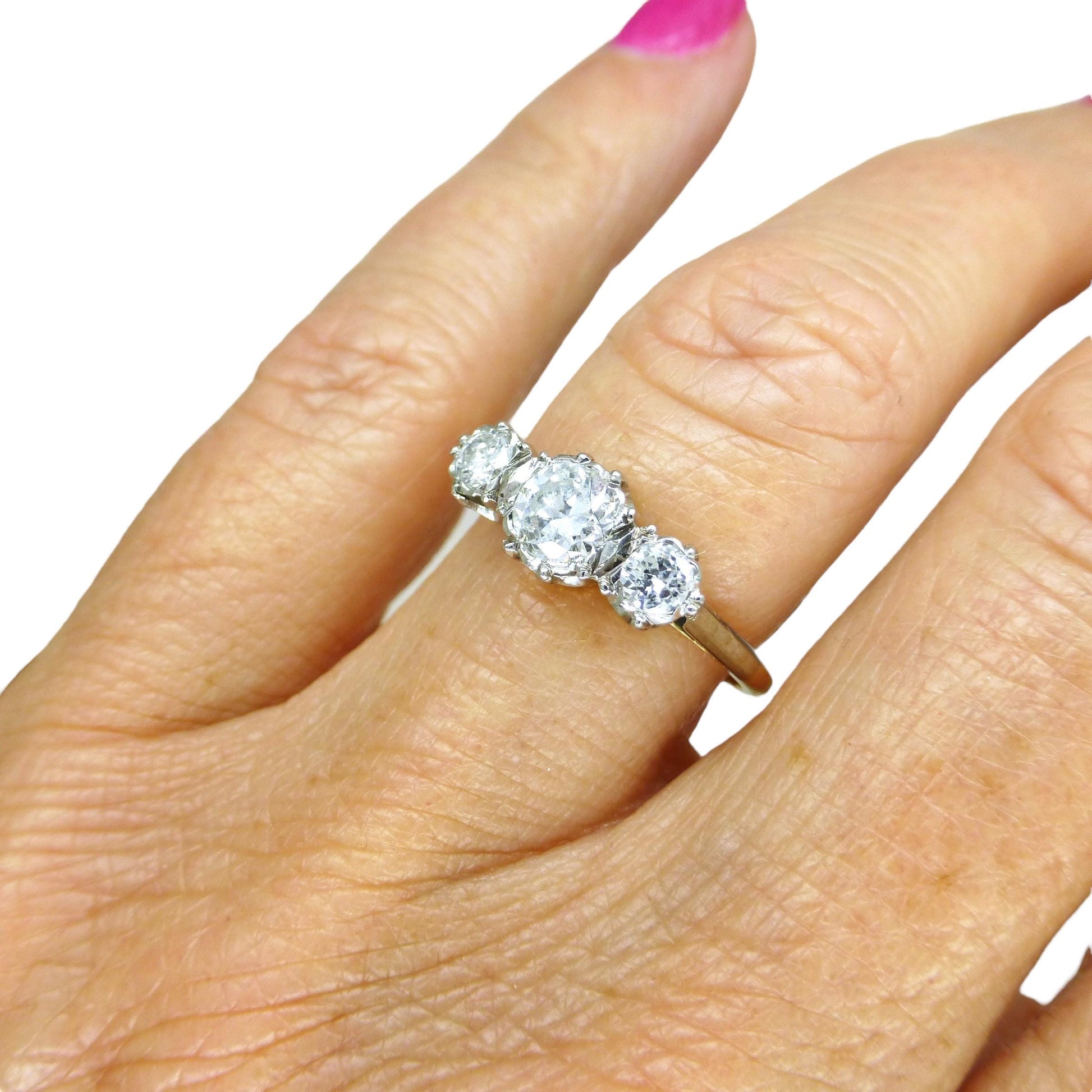 Antique 18ct Platinum transitional cut diamond three stone trilogy ring 0.80ct.
