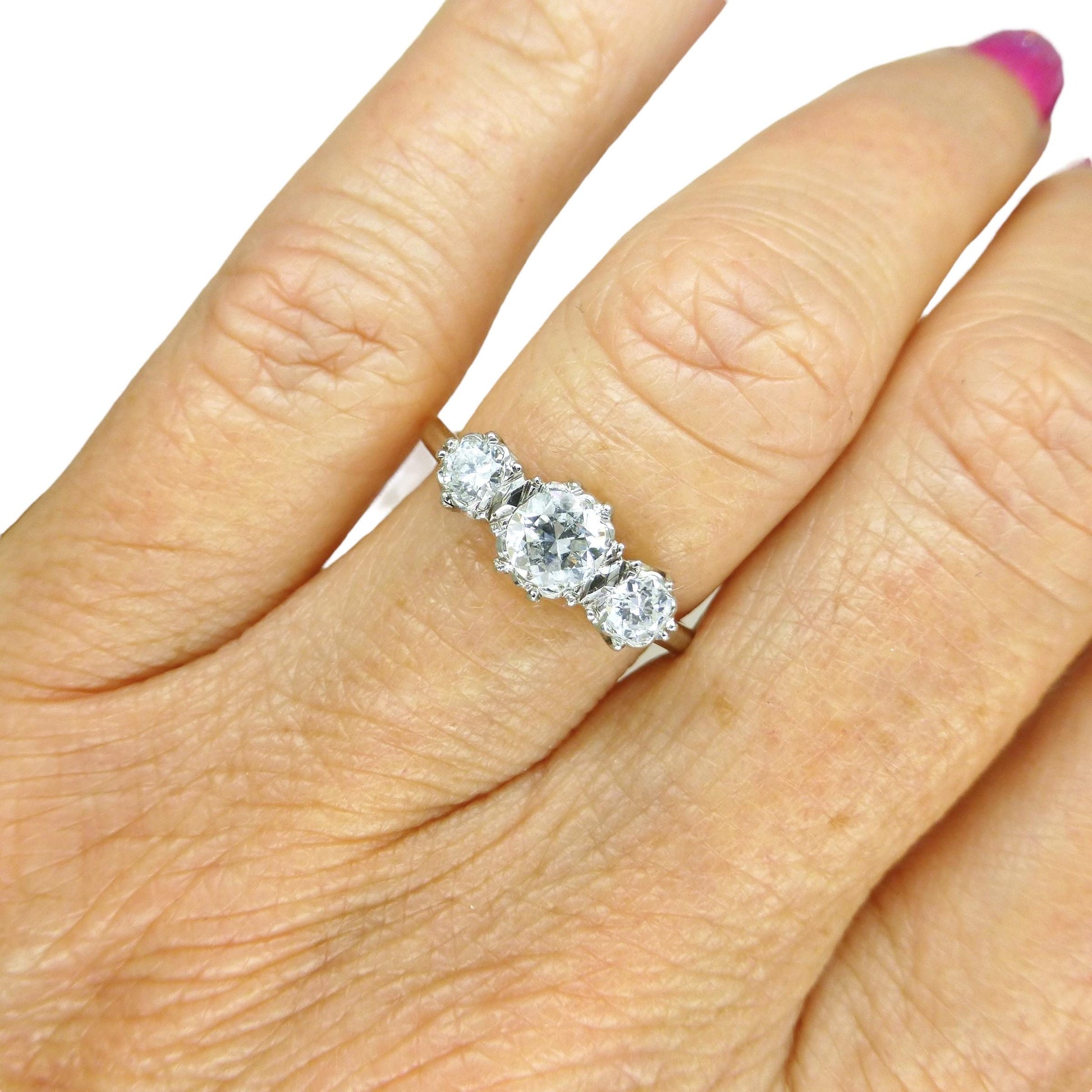 Antique 18ct Platinum transitional cut diamond three stone trilogy ring 0.80ct.