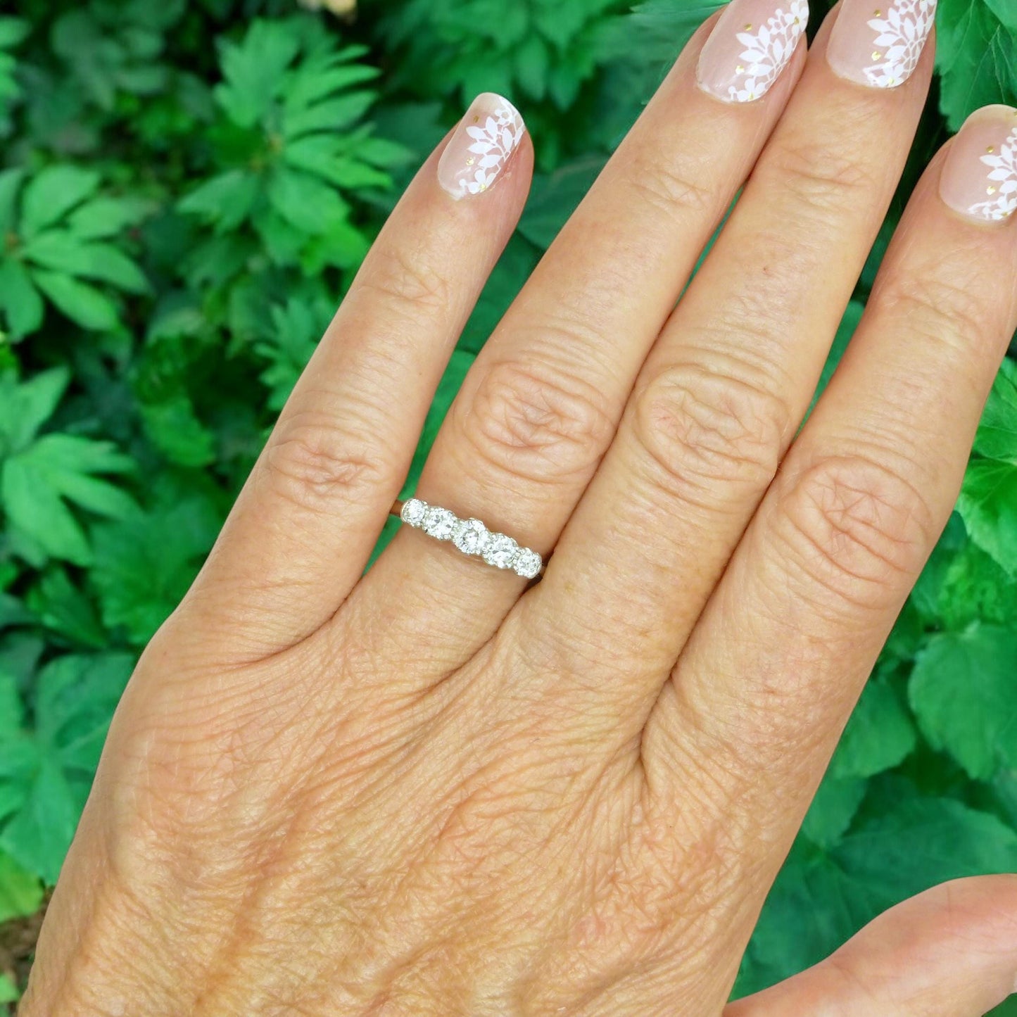 Antique natural old cut diamond five stone ring 0.45ct - 18ct white gold & platinum