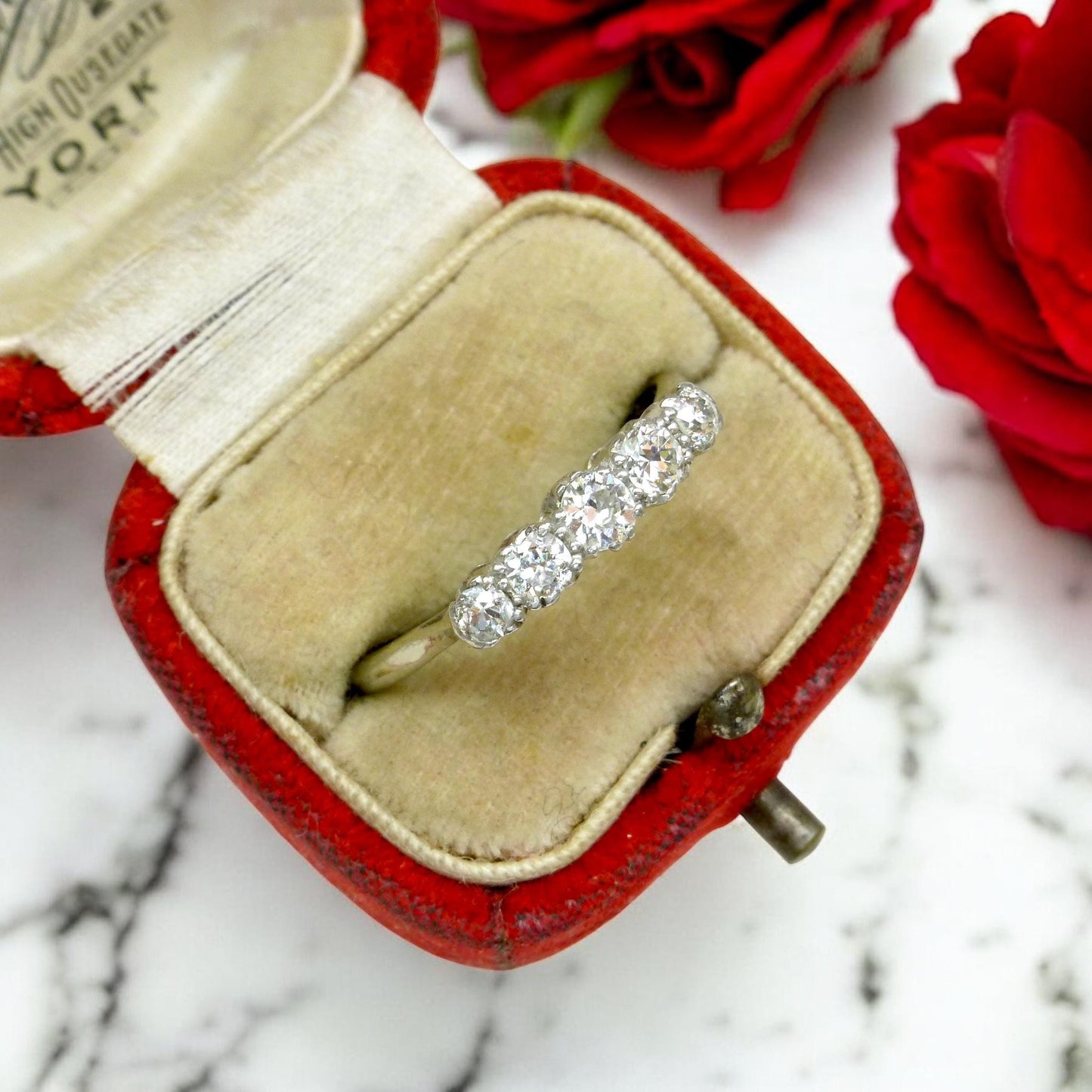 Antique natural old cut diamond five stone ring 0.45ct - 18ct white gold & platinum