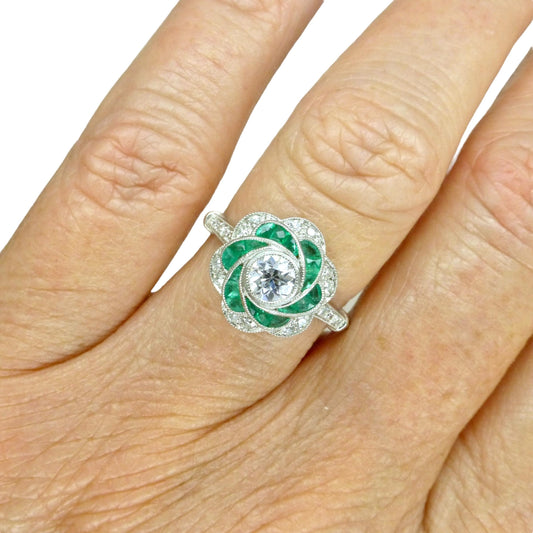 Art Deco style Platinum Emerald & Diamond flower cluster halo ring