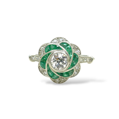 Art Deco style Platinum Emerald & Diamond flower cluster halo ring